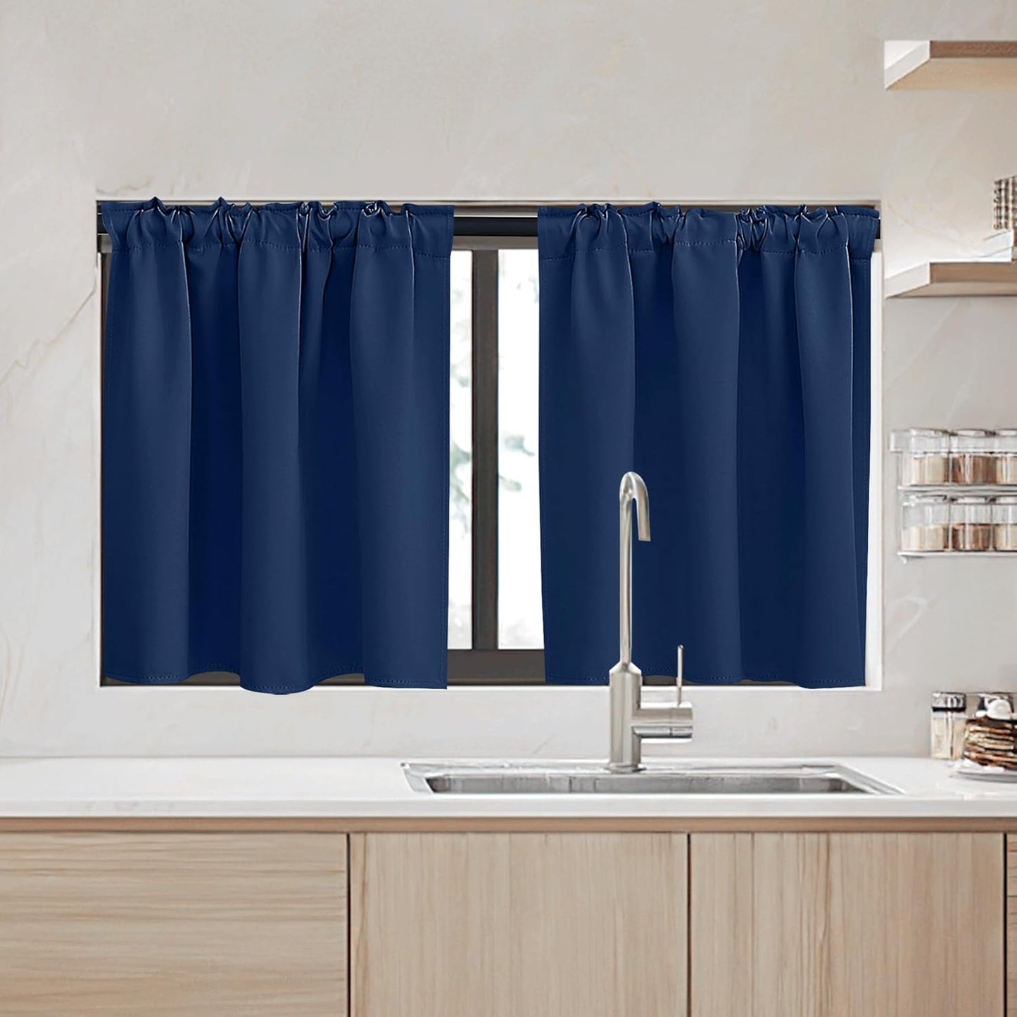 RYB HOME Small Window Curtains - Blackout Insualting Privacy Curtains for Kids Bedroom Kitchen Bathroom Basement Cafe Cabinet Tiers Drapes, 34 Width x 30 Length, 2 Panels, Navy Blue