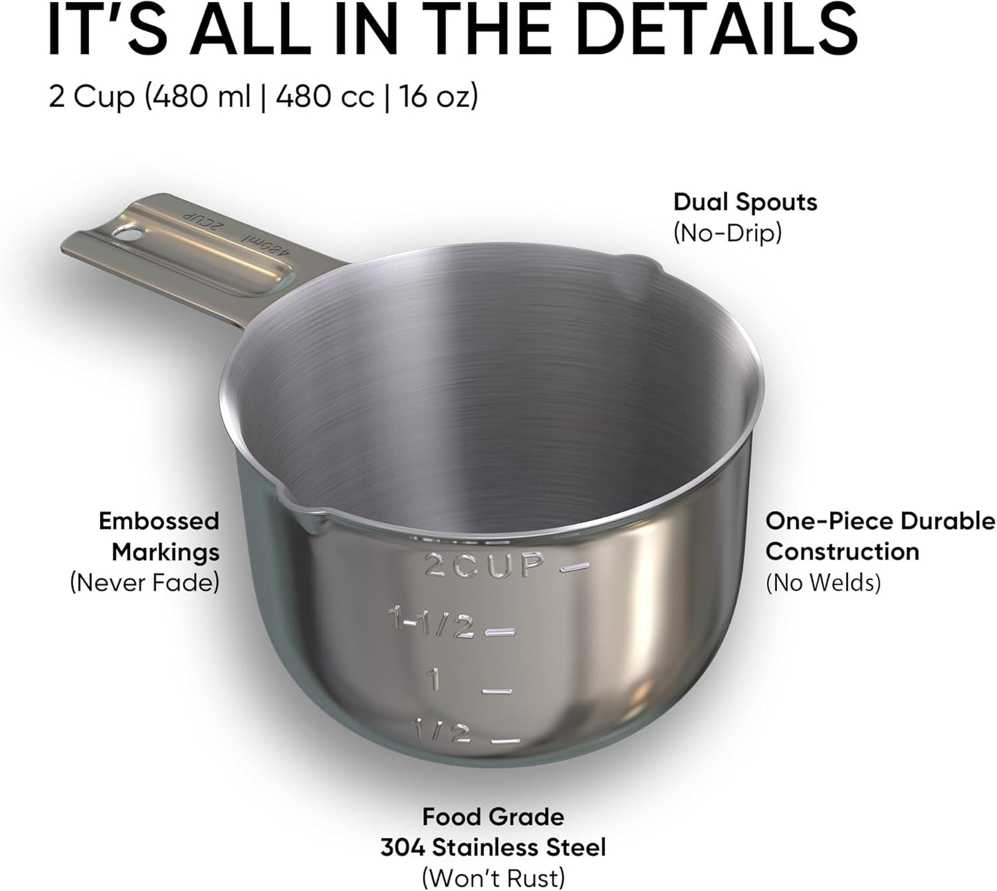 Color Up 2 Cup Measuring Cup, 480ml Stainless Steel Metal, Easy-Pour Spouts, Engraved Markings, Flat Base, Dishwasher Safe, for Dry and Liquid Ingredients