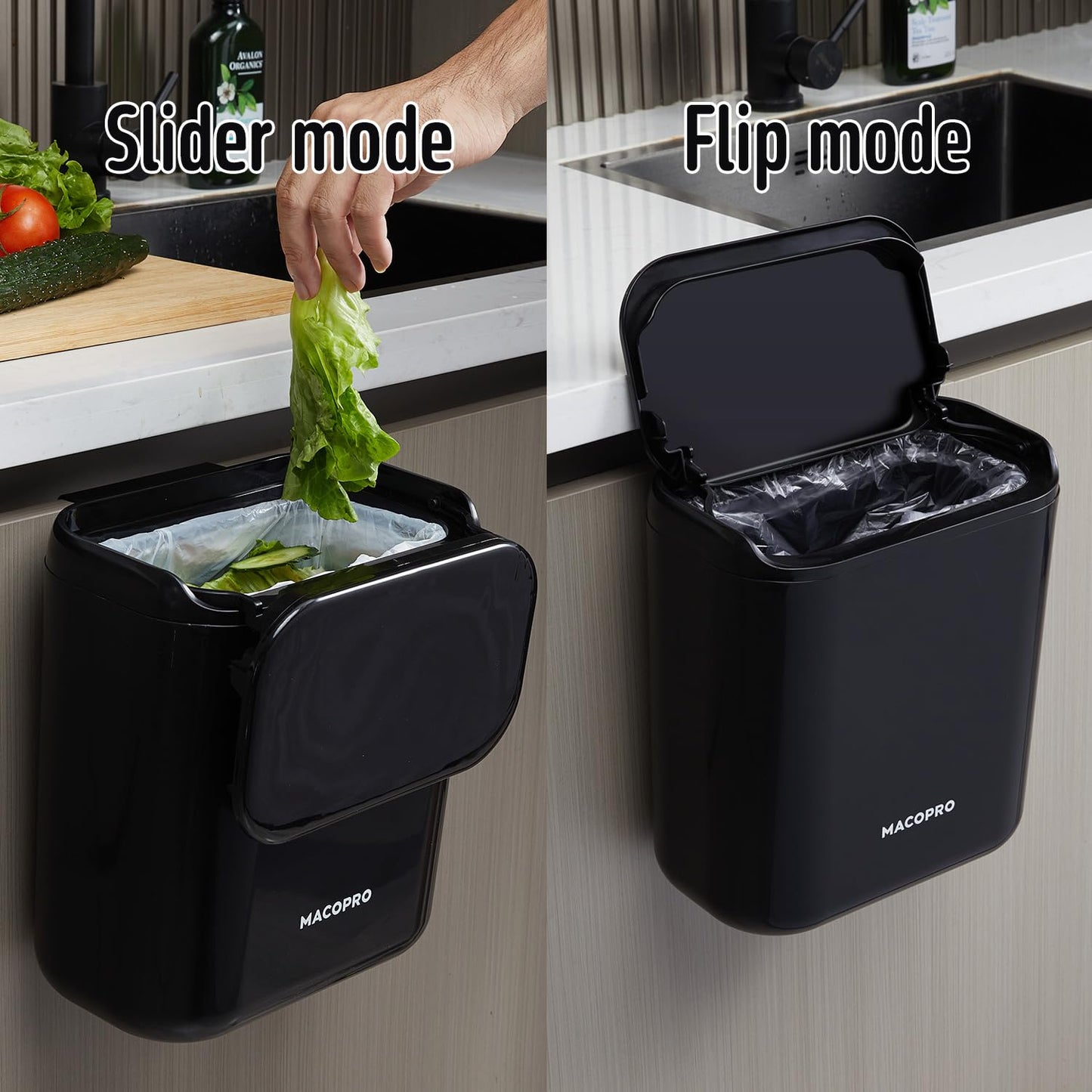 Compost Bin Hanging Trash Can with Lid Under Sink for Kitchen, Food Waste Bin for Countertop with Lid, Mountable Garbage Can for Bathroom, RV, 8L/2.6Gal