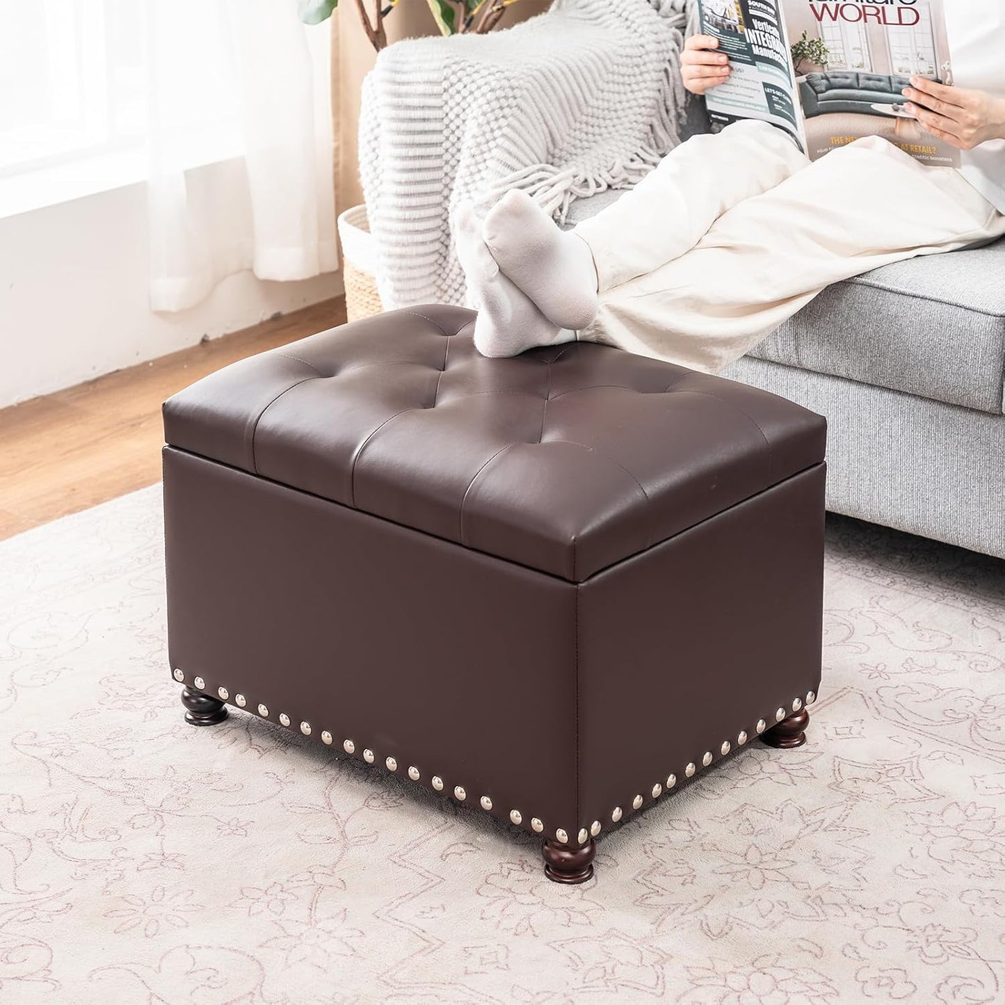Joveco Faux Leather Storage Ottoman Bench Rectangle 24 Inch Foot Rest Ottomans (Brown)