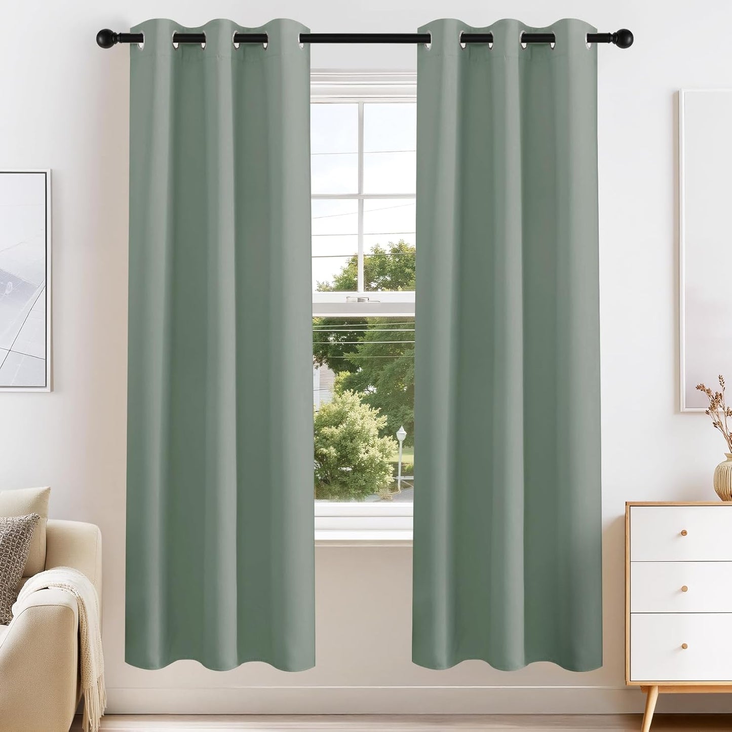 PONY DANCE Sage Green Blackout Curtains for Bedroom 63 Inch Length 2 Panels Set, Thermal Insulated Energy Saving Grommet Top Window Treatment Drapes for Living Room, W34 x L63 Inch