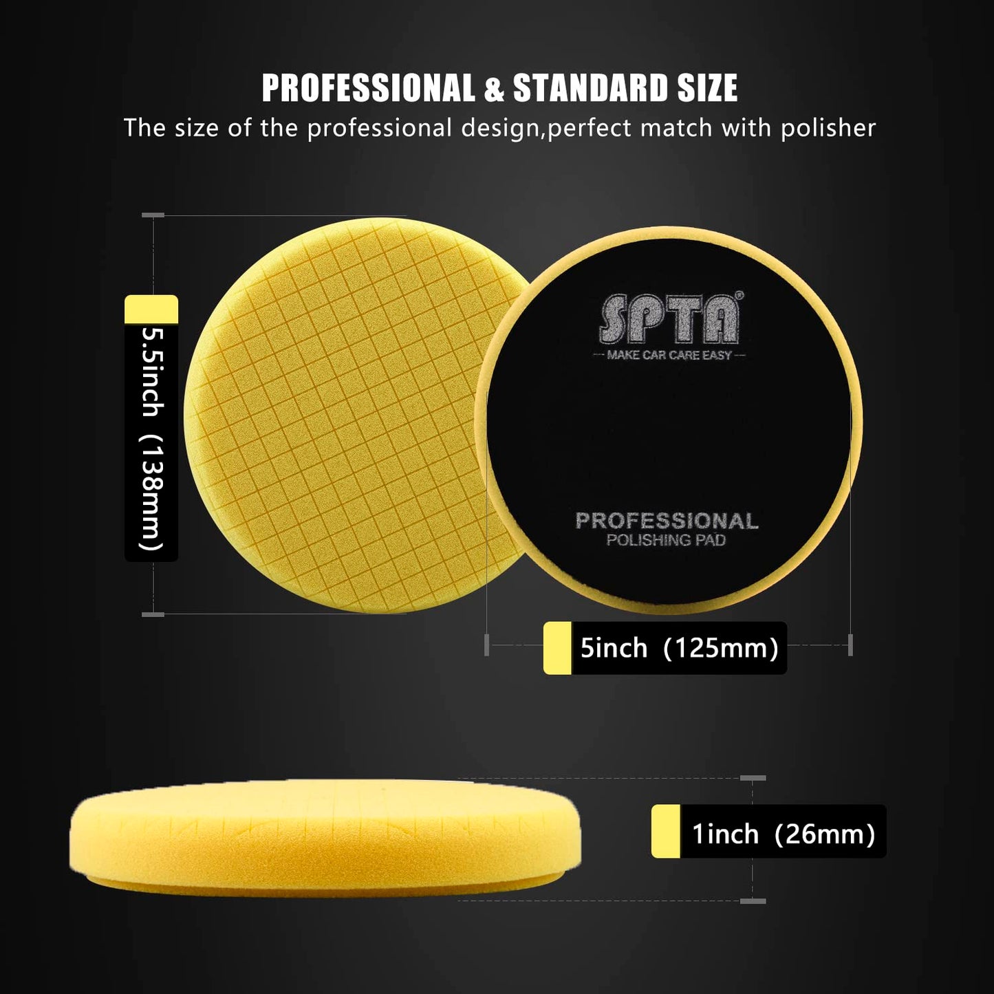 Yellow Medium Cut Pad, Buffing Polishing Pads, SPTA 1Pc 5.5 Inch Face for 5 Inch 125mm Backing Plate Compound Buffing Sponge Pads for Car Buffer Polisher Compounding, Polishing and Waxing - FPTSS5Y