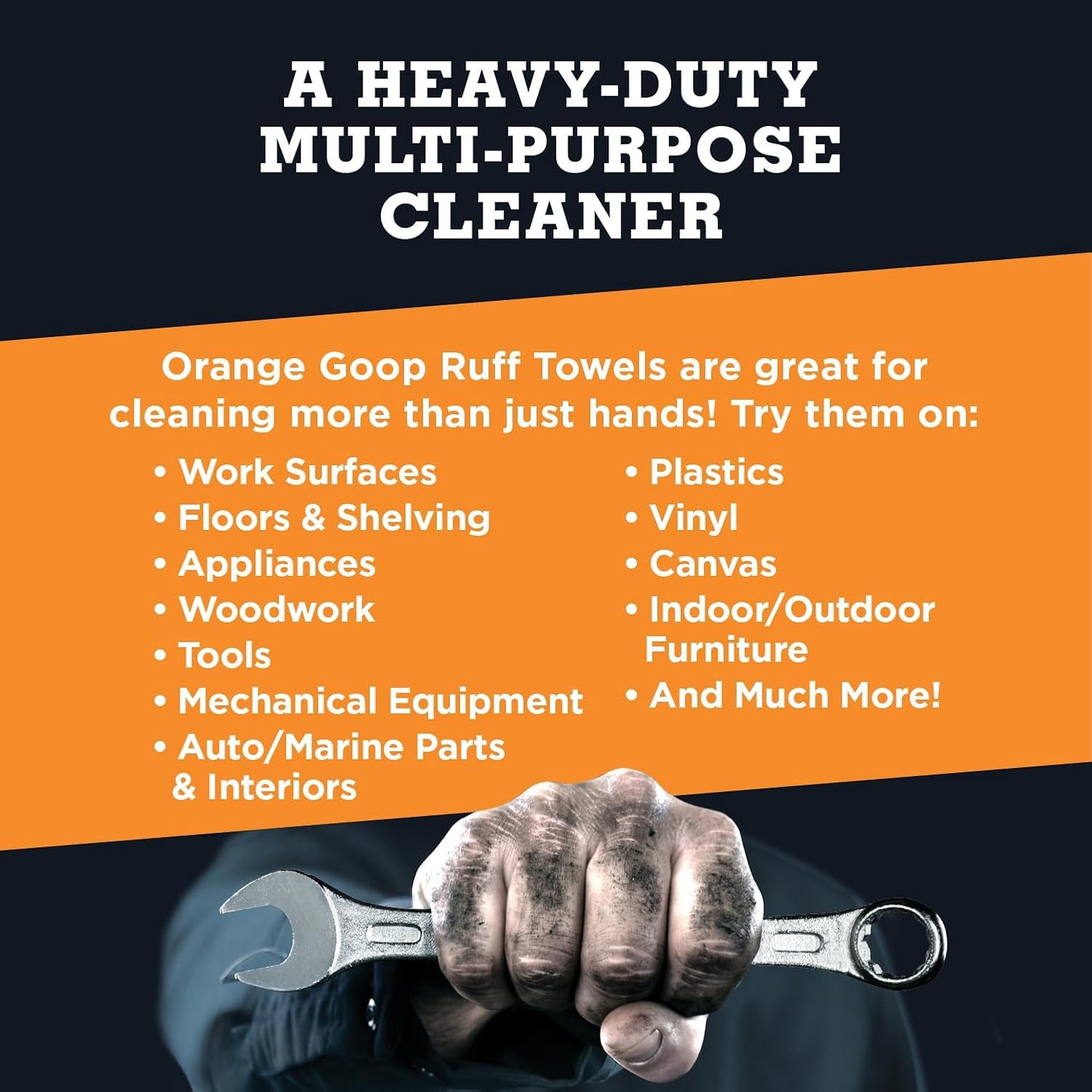 GOOP Orange Heavy Duty Ruff Towels with Scrubbing Power, 10” x 12” Dual Textured Multi-Purpose Cleaning Wipes, Removes Dirt, Grease, Oil, 72 Count