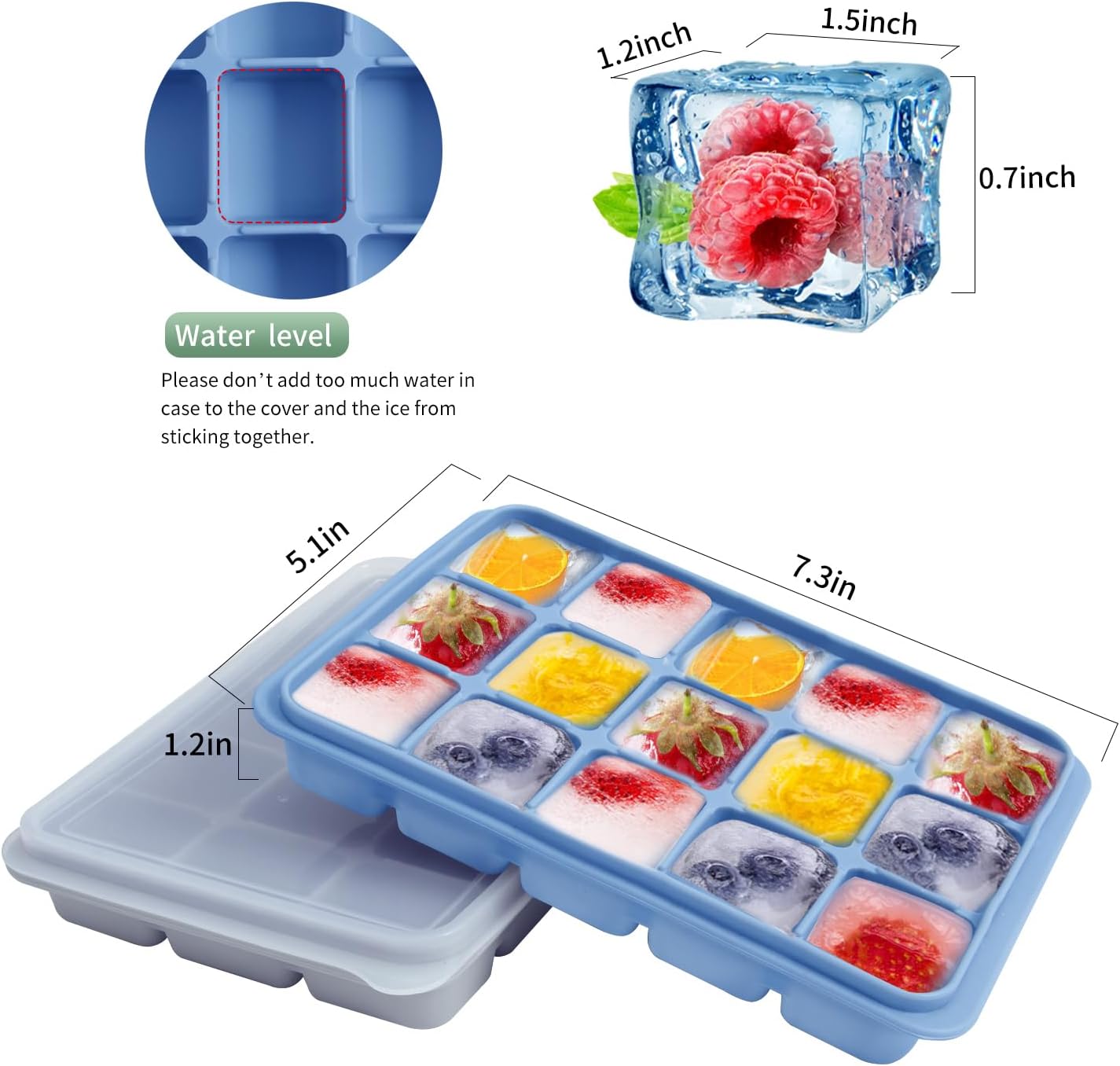 Ice Cube Trays Set of 2, Easy Release 15 Flexible Silicone Ice Cube Molds with Removable Lid Reusable Freezer Ice Trays Stackable for Whiskey, Baby Food, BPA Free (BLUE+GRAY)