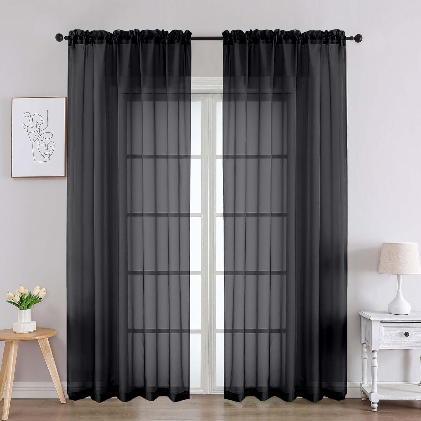 Chyhomenyc Black Sheer Curtains 84 Inches Long 2 Panels, Light Filtering Black Curtains for Living Room, Soft Gentle Voile Rod Pocket Bedroom Window Drapes, 59Wx84L Inch, 2PCS