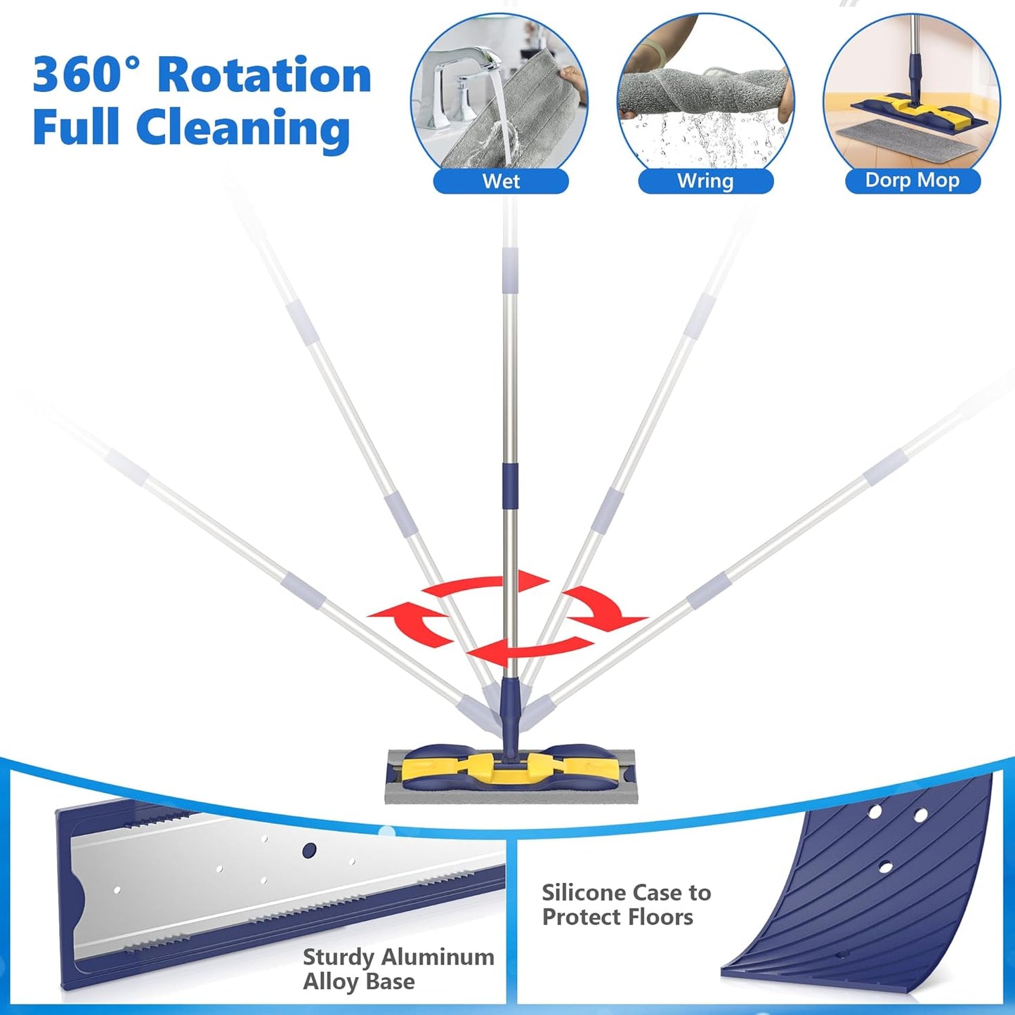 MEXERRIS Microfiber Flat Mop for Hardwood Laminate Tile Floor Cleaning: Stainless Steel Handle - 4 Reusable Flat Mop Refills and 1 Dirt Removal Scrubber Included - Dry Dust Mop Commercial Home Use