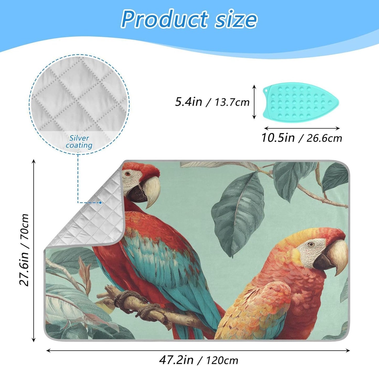 Tropical Parrots on The Branc Ironing Mat Thickened Ironing Blanket Travel Portable Double-Side Using Ironing Pad Travel Isolate Heat Pad Cover for Washer Dryer Table Top Countertop 27.6x47.2