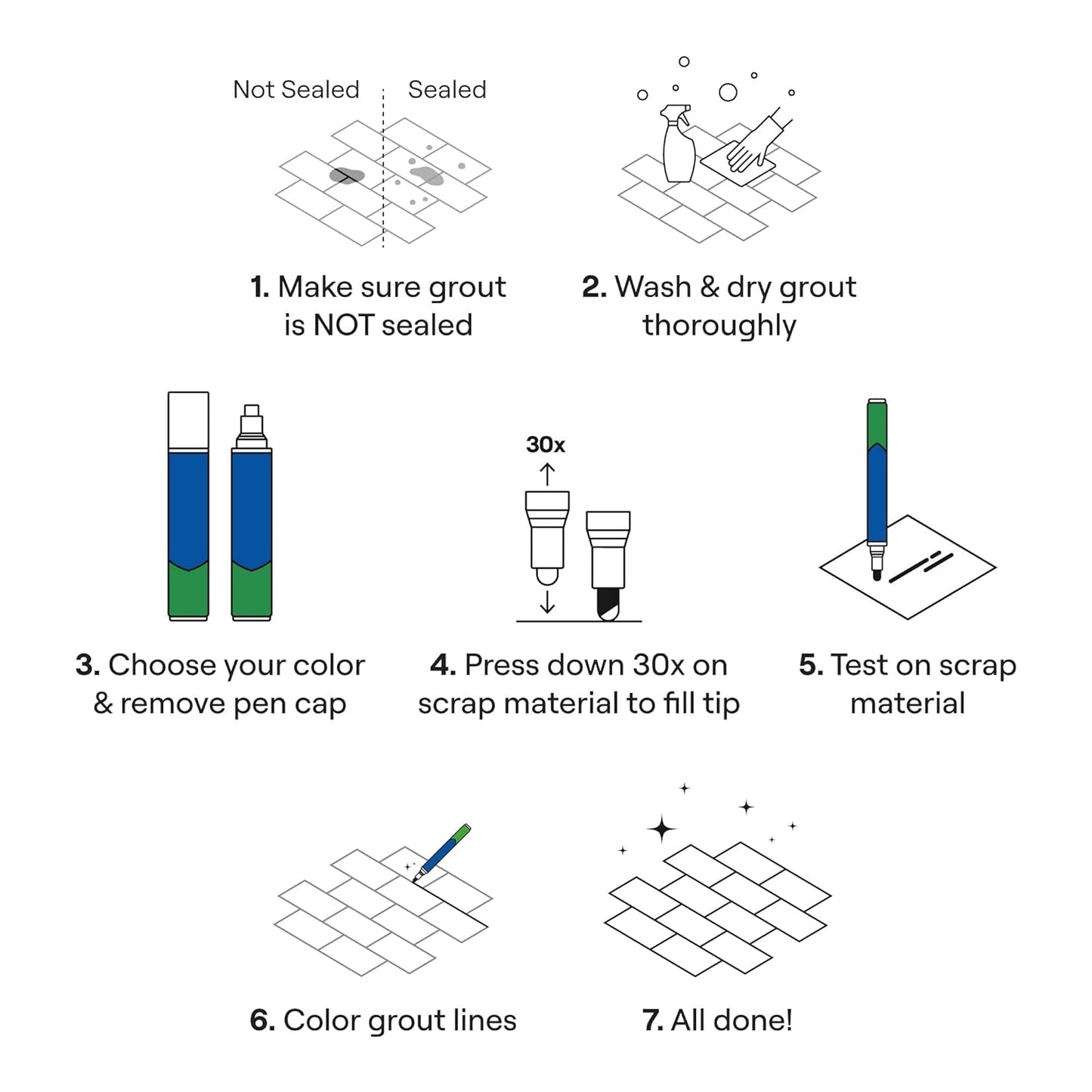 Grout Pen Brown Tile Paint Marker: Waterproof Grout Paint, Tile Grout Colorant and Sealer Pen - Narrow 5mm, 2 Pack with Extra Tips (7mL) - Brown