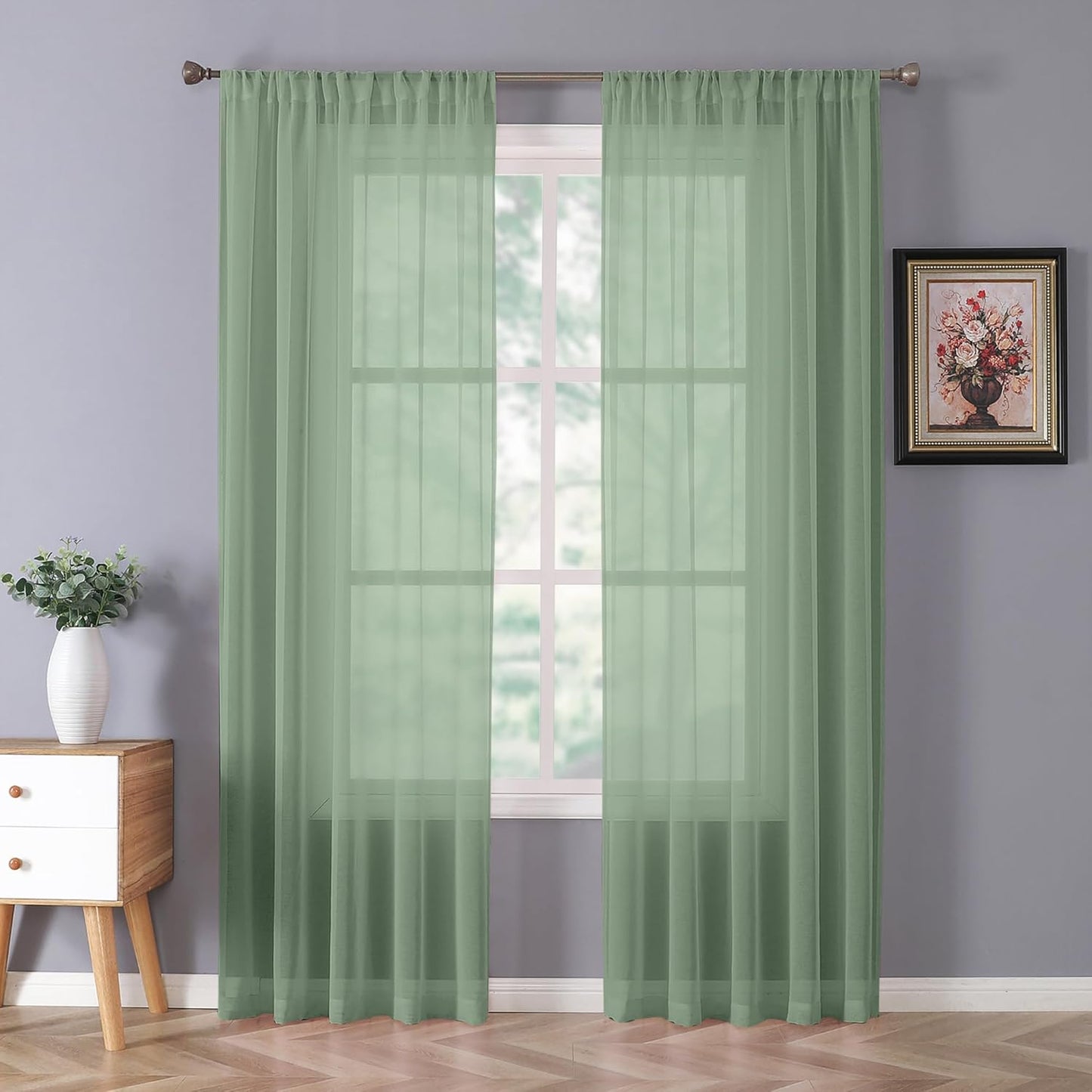 Tollpiz Sheer Curtains Bedroom Linen Textured Curtain Sheers Light Filtering Voile Rod Pocket Curtains for Living Room, 38 x 84 inches Long, Sage Green, Set of 2 Panels