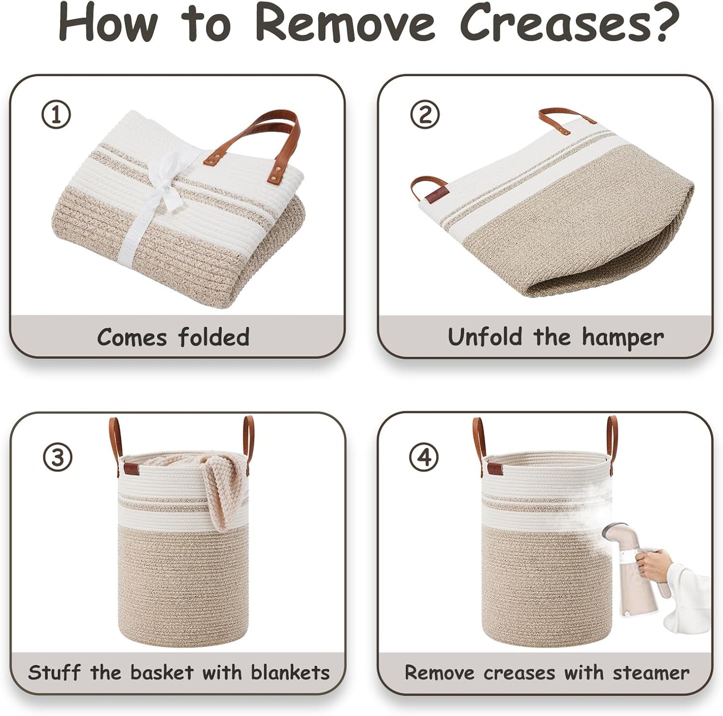 VIPOSCO Tall Laundry Basket, Large Dirty Clothes Hamper with Leather Handle, Woven Rope Storage Basket for Blanket, Toy In Living Room, Bathroom, Bedroom - 53L Brown & White