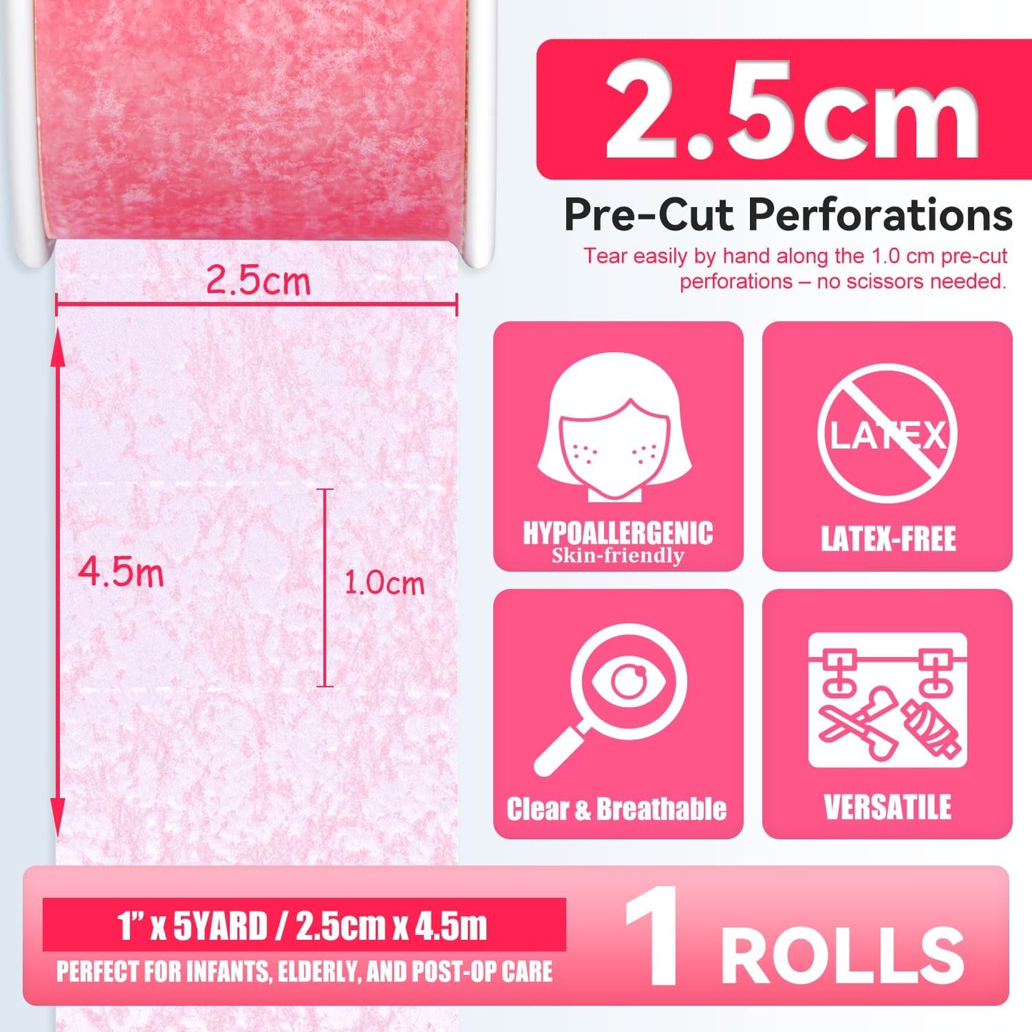 FRESINIDER Silicone Tape 1" x 5 Yard Pink 4 Rolls for Sensitive Skin, Pre-Cut Waterproof Medical Tape, Gentle Adhesive for Wound Care, Surgical Sites, Infants and Elderly