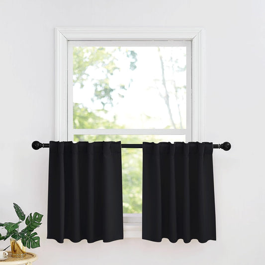 RYB HOME Kitchen Window Curtains - Blackout Privacy Half Window Curtains for Bedroom Bathroom Dining Living Room Cafe Office Short Tiers Drapes, W 34 x L 36 inches, 2 Panels, Black