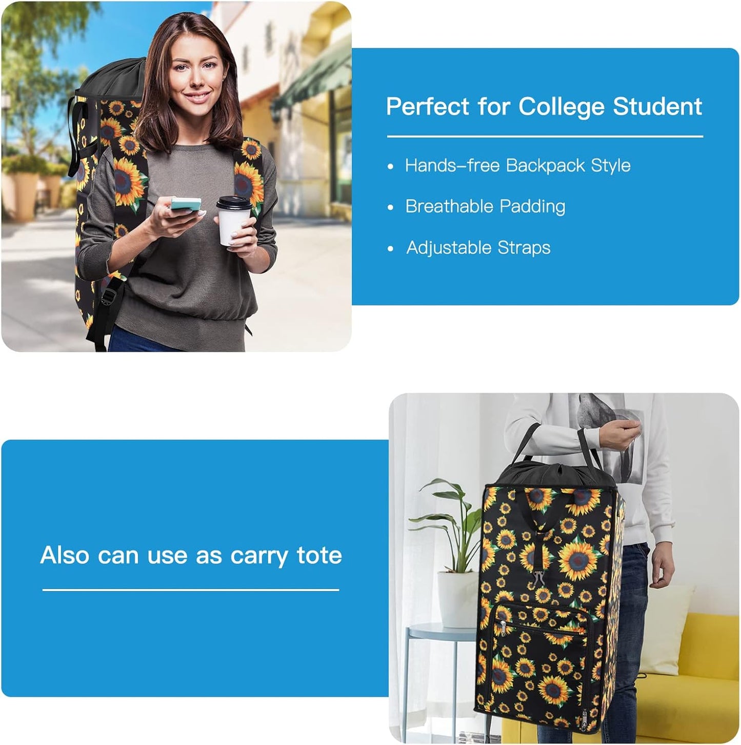 Bukere Laundry Hamper, Extra Large 2 in 1 Laundry Backpack Bag for College Students Dorm Essentials, Adjustable Shoulder Straps, Freestanding Laundry Basket for Apartment, Laundromat, Travel