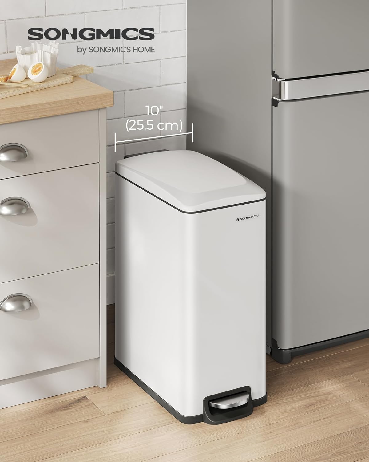 SONGMICS Slim Trash Can, 13-Gallon (50 L) Garbage Can for Narrow Spaces with Soft-Close Lid, Inner Bucket, and Step-on Pedal, Stainless Steel, 15 Trash Bags Included, White ULTB510W48