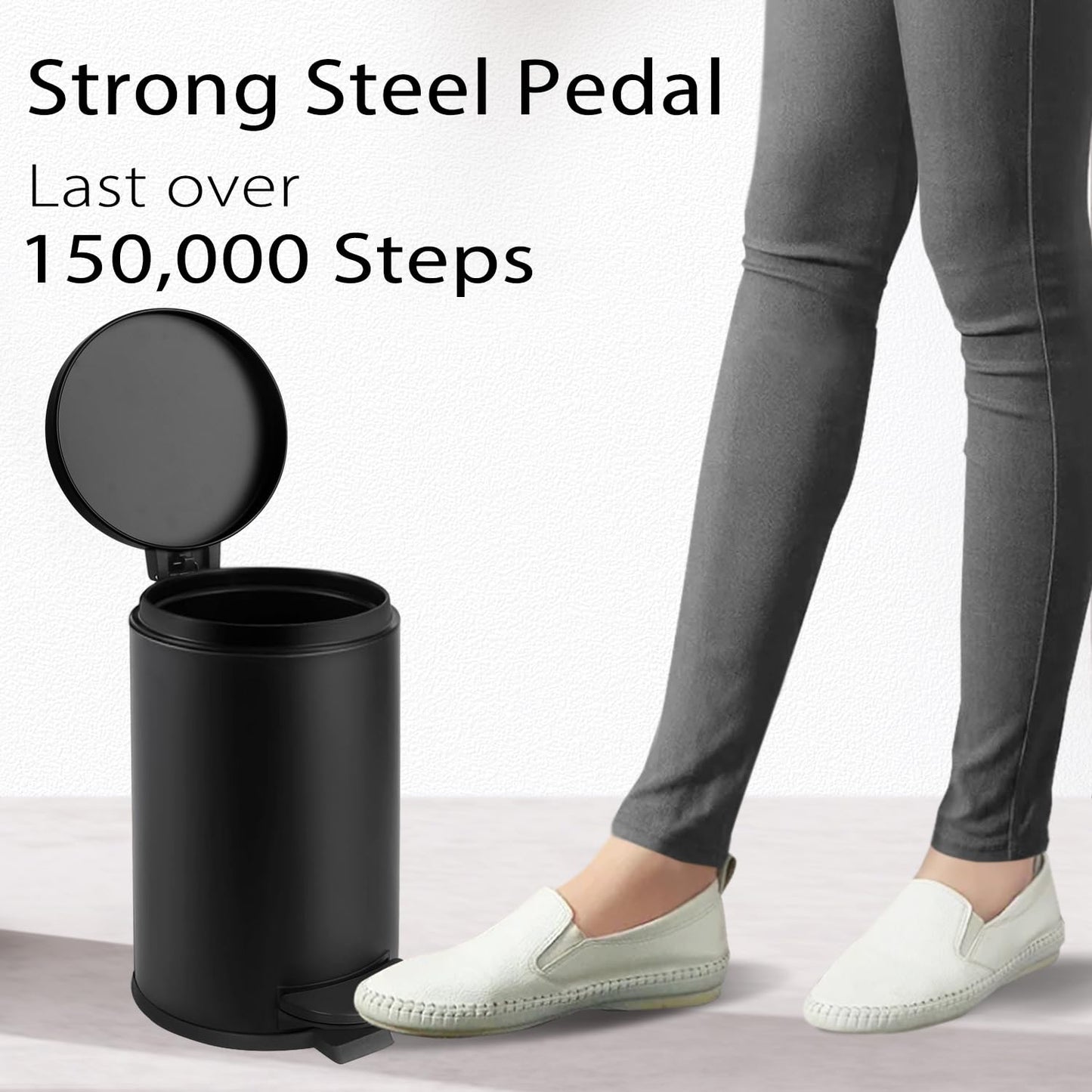 TIPGO 1.2 Gallon Small Black Trash Can, 4.5 Liters Bathroom Garbage Can with lid, Mini Step Trash Bin, Stainless Steel Wastebasket for Bathroom, Bedroom, Office (Matte Black)