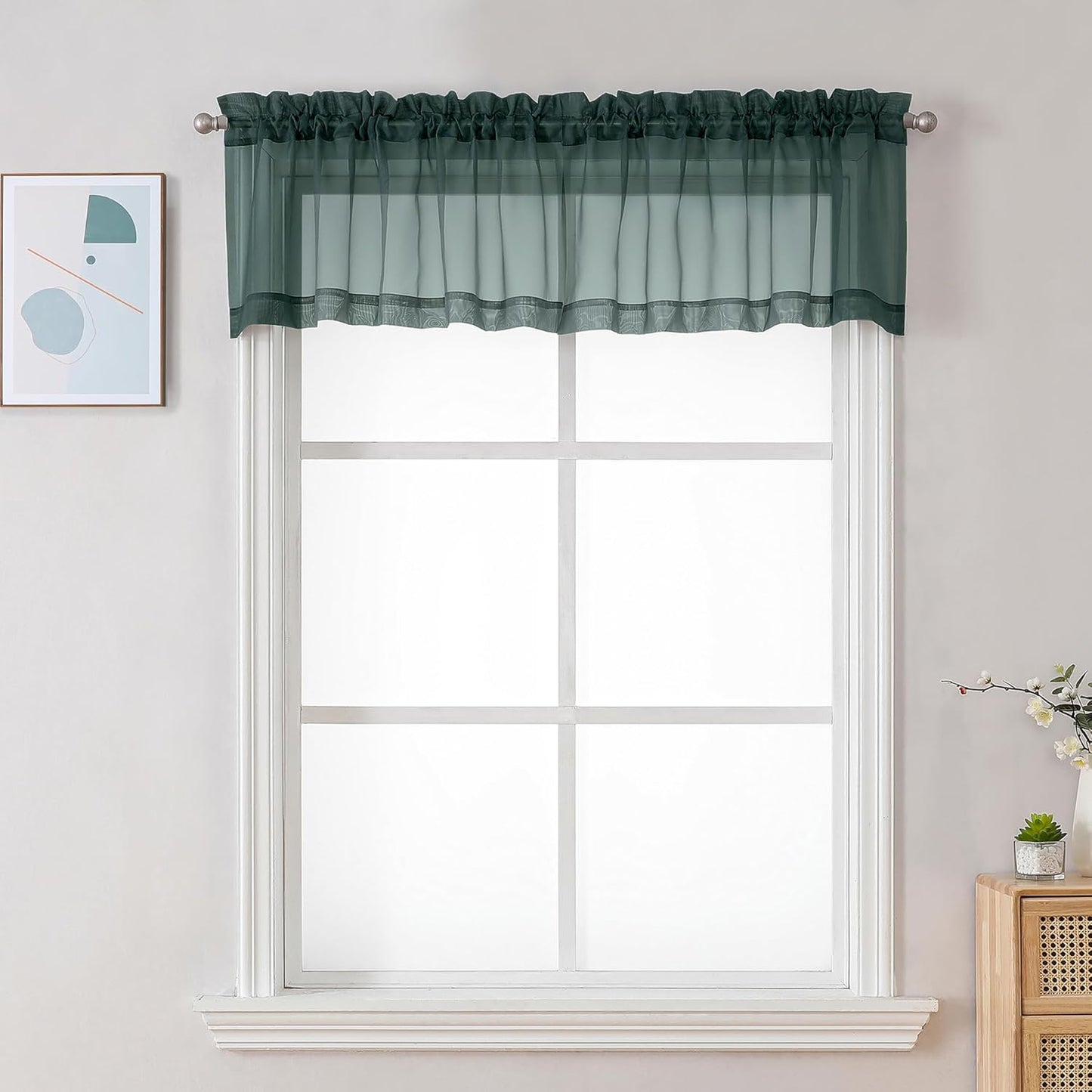 Chyhomenyc Sheer Valances for Windows 2 Pack, Small Window Curtains for Living Room Bathroom Cafe Laundry Basement, Modern Top Dual Rod Pocket Voile Curtain, 42W x 18L inches, Hunter Green