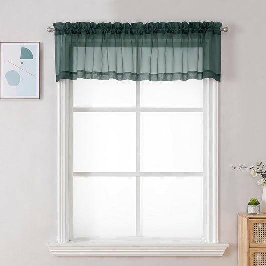 Chyhomenyc Sheer Valances for Windows 2 Pack, Small Window Curtains for Living Room Bathroom Cafe Laundry Basement, Modern Top Dual Rod Pocket Voile Curtain, 42W x 18L inches, Hunter Green