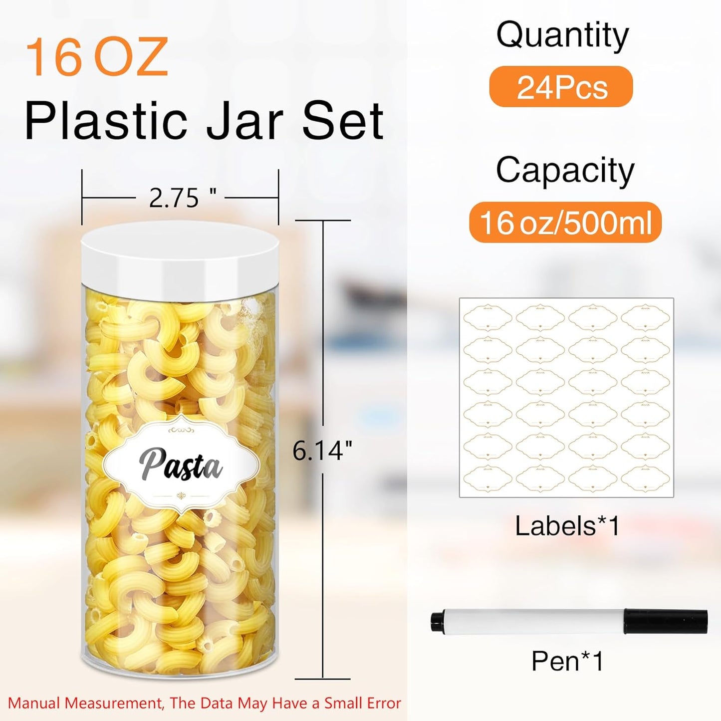 24 Pcs Plastic Jars, 16 OZ Plastic Jars with White Lids Clear Airtight Slime Containers Refillable Round Empty Storage Containers Jar for Kitchen & Household Dry Food Storage
