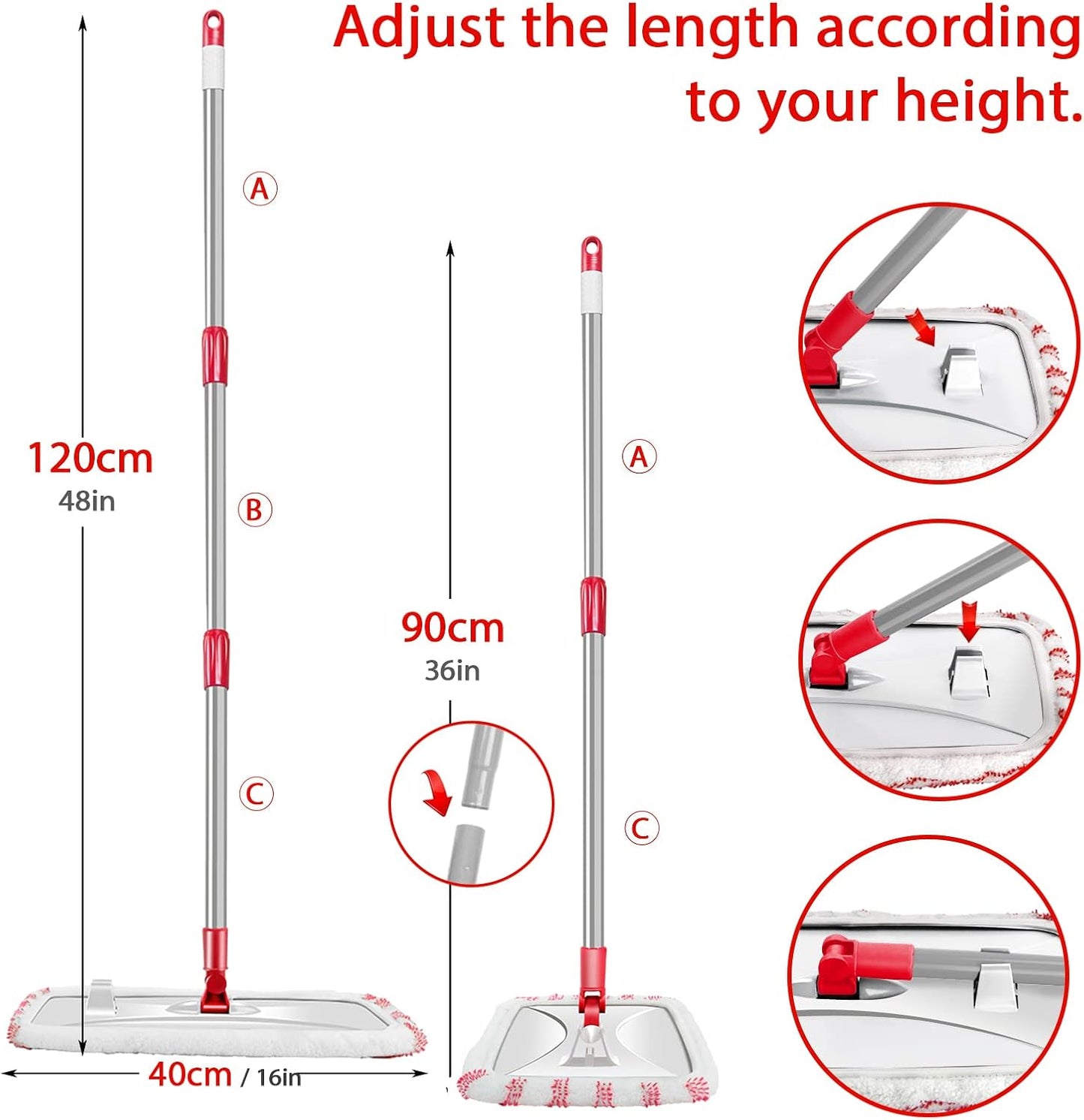 MASTERTOP Microfiber Mop, Extra Large Dust Mop with 5 Pads for Wet & Dry Use, 16'' Mops for Hardwood Laminate, Tile, Vinyl Floors,5 Microfiber Refills, 1 Cleaning Scraper