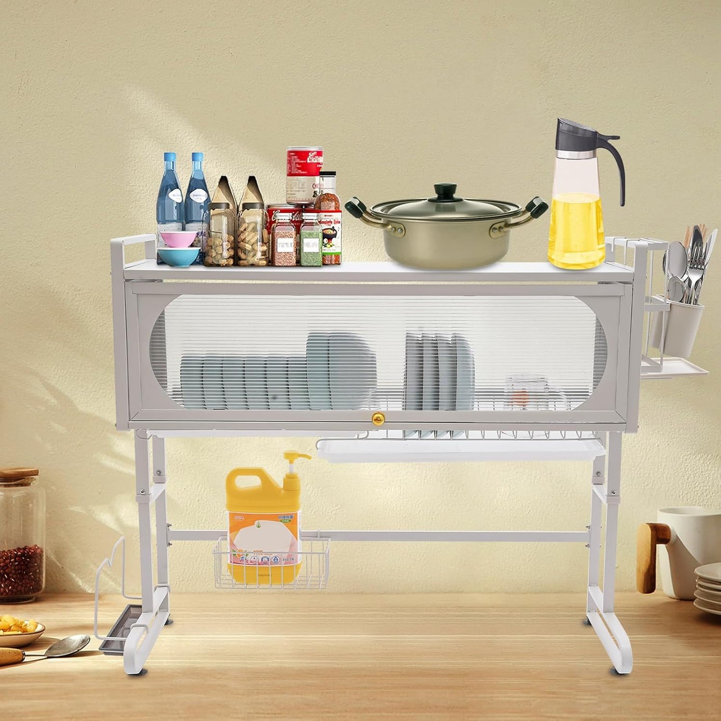 3 Tier Over The Sink Dish Drying Rack W/Clear Cabinet Door, Adjustable Dish Drainer Rack, White Large Dish Rack, Expandable Shelf Rack W/ Utensil Holder, Dish Drainer Kitchen Organizer for Home Use