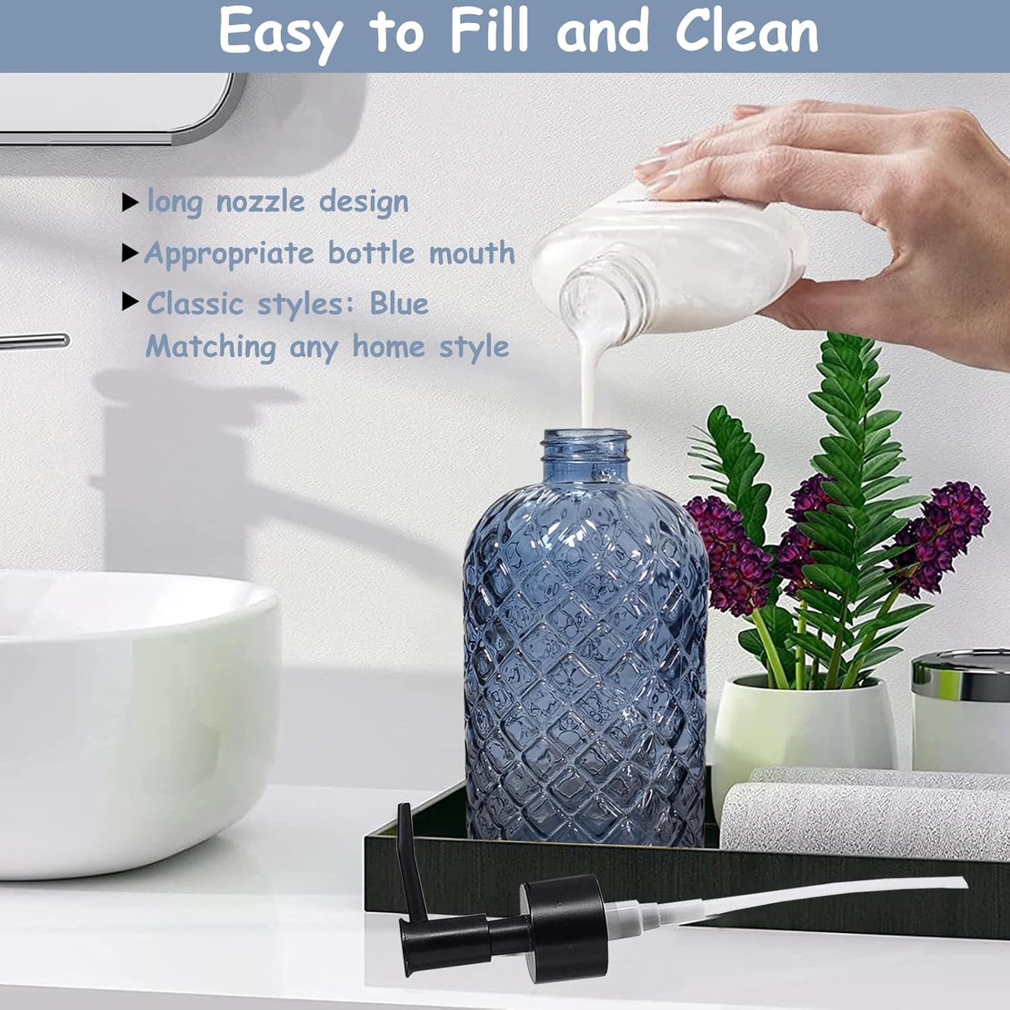 Blue Glass Dish Soap Dispenser for Kitchen, 12oz Refillable Liquid Hand Soap Dispenser Set, Crystal Lotion Bottle for Modern Home Decor, Bathroom Countertop, Hotel