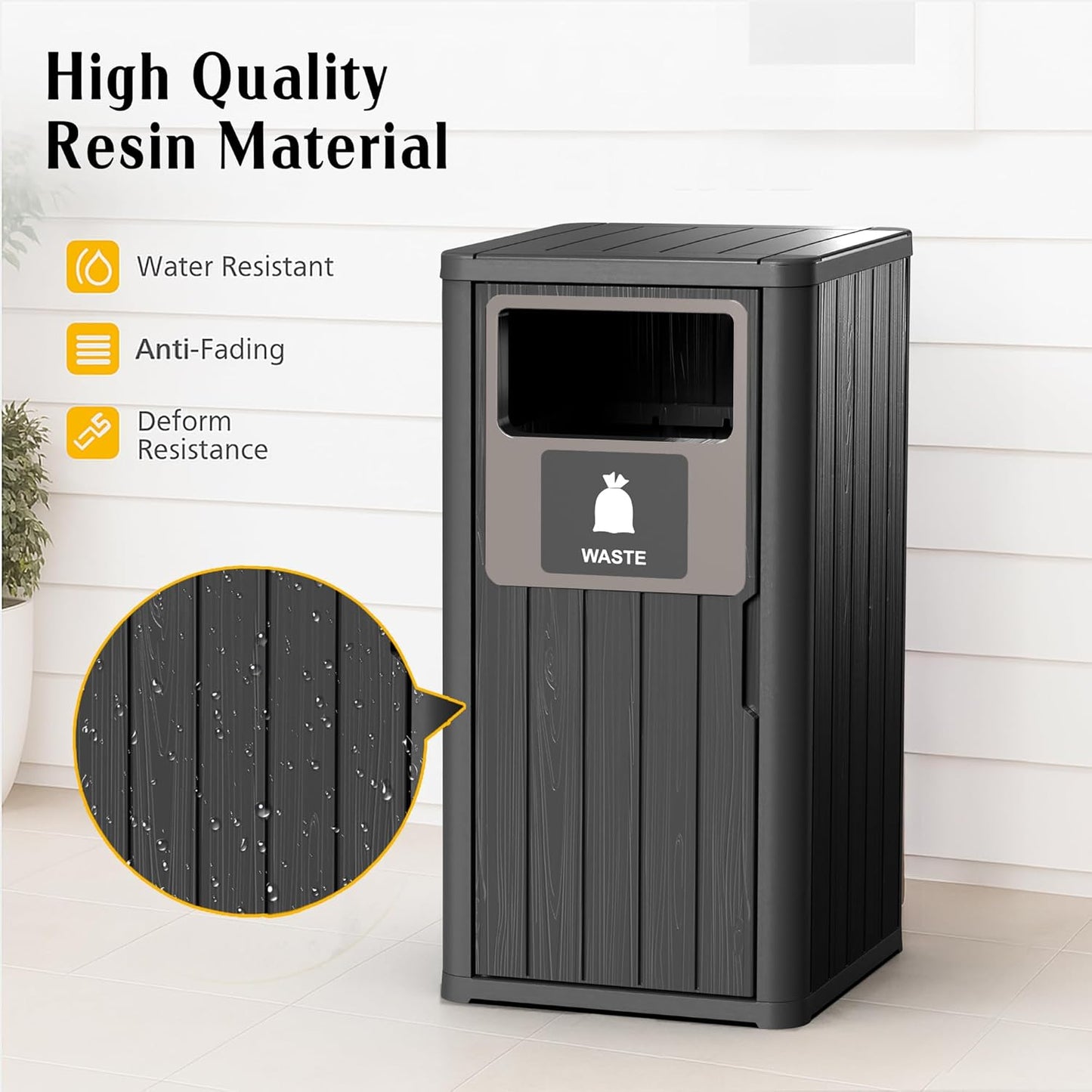 Outdoor Single Barrel Trash Can,Waterproof Resin Garbage Can with Garbage Labels,Durable Waste Bin for Porch, Backyard,Kitchen,for 30 to 39 Gallon Trash Bags