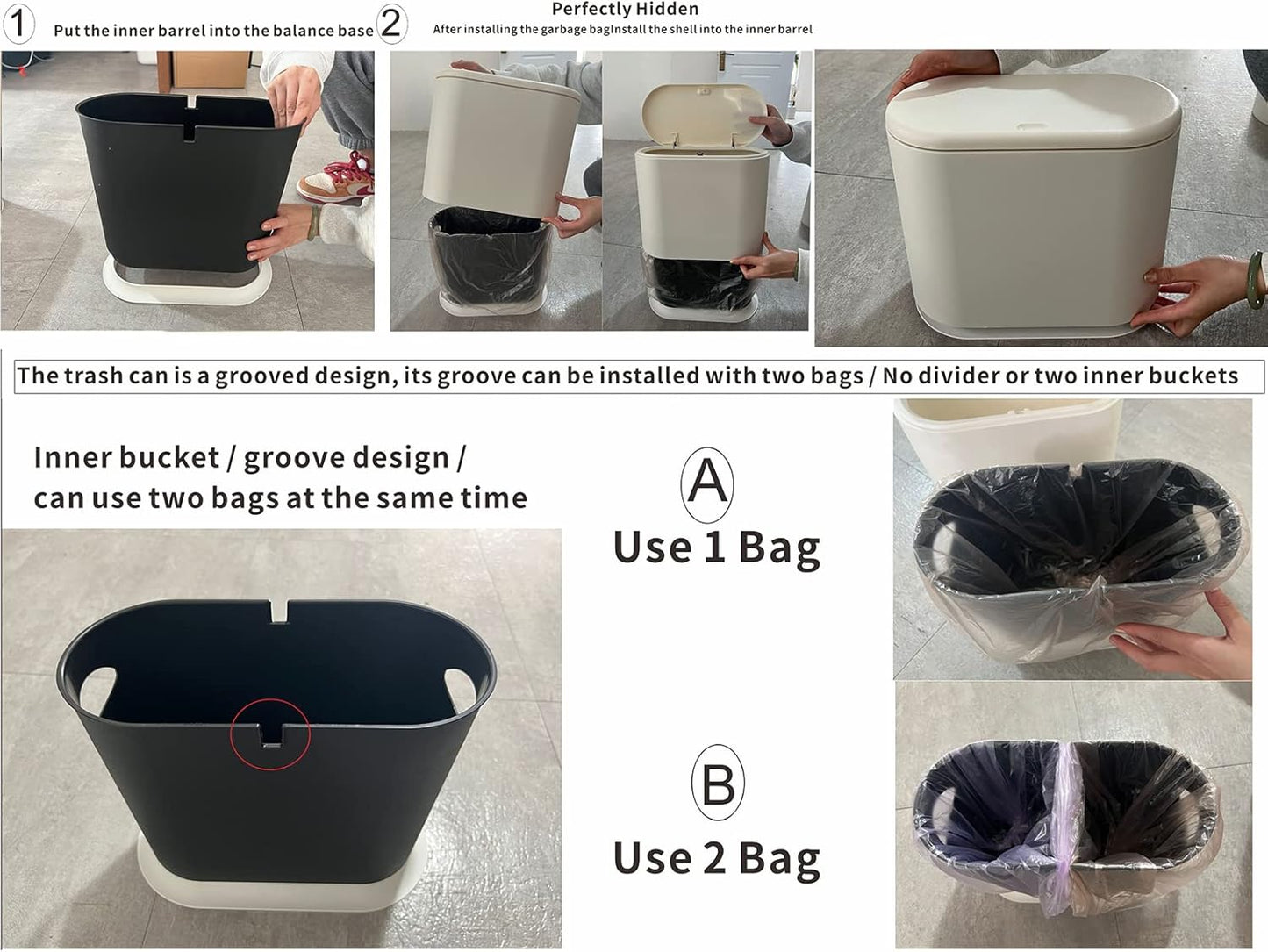 Black Slim Bathroom Trash Can with Press Top Lid,12 Liter Small Thin Garbage Can,3.17 Gallon Narrow Dog Proof Plastic Waste Basket and Covered Wastebasket for Room,Bedroom,Kitchen,Toilet,Office,Dorm