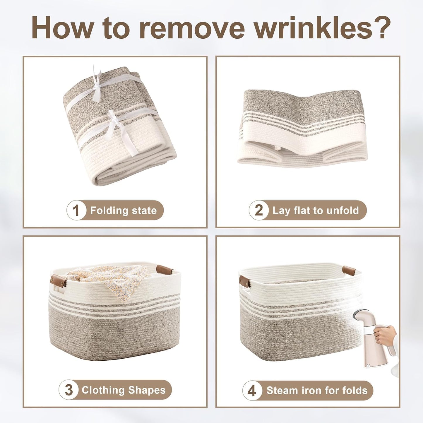 72L Large Laundry Basket with Leather Handles for Living Room Storage, Woven Rope Baskets Bin for Blanket, Kids Toy, Gifts, Wicker Hamper for Bedroom Dirty Clothes, 22"x17"x12" White Navy