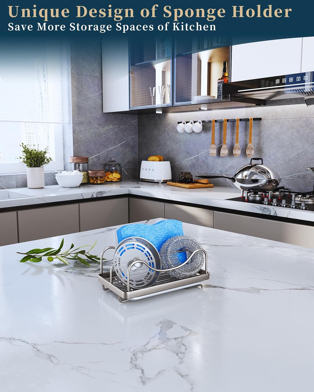 Consumest Sponge Holder for Kitchen Sink - Movable Sink Caddy for Countertop Organizer, 304 Stainless Steel Sponge Holder with Detachable Drip Tray for Kitchen Accessories, Sand Nickel