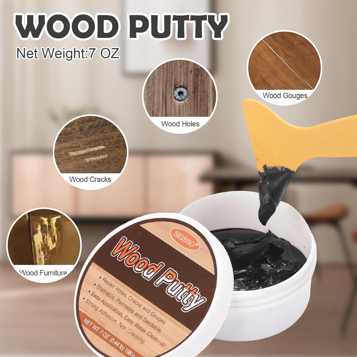 SEISSO Wood Putty, Black Wood Filler Paintable, Wood Putty Outdoor Waterproof, Wood Repair Putty Stainable, Wood Furniture Repair kit - Restore Wooden Table, Cabinet, Floors, Door