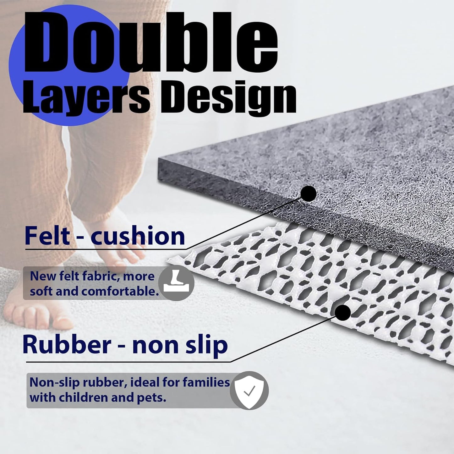 Non Slip Rug Pad Grippers - 7x10, 1/4" Thick, Felt + Rubber Double Layers Area Carpet Mat Tap, Provides Protection and Cushioning for Hardwood or Tile Floors
