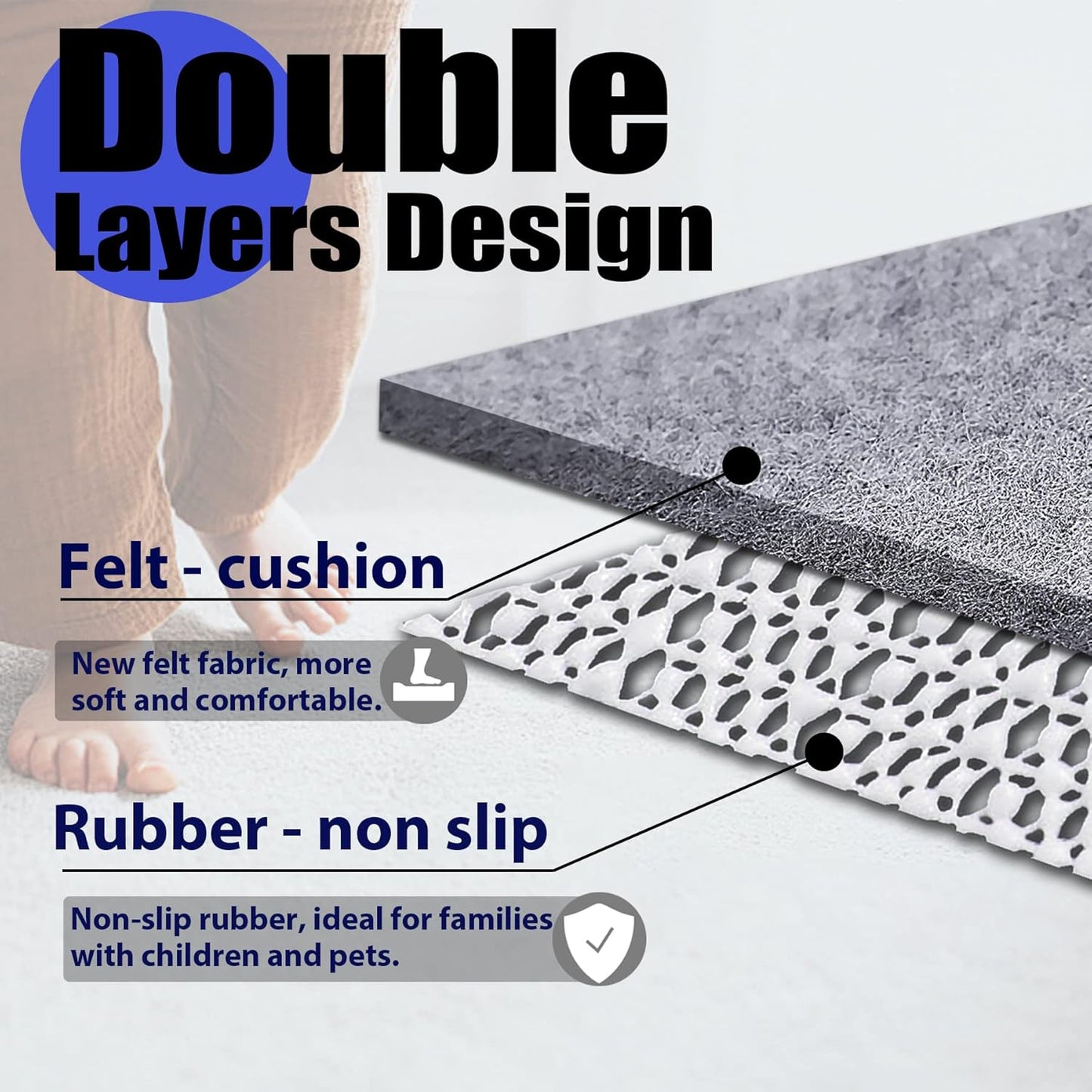 Non Slip Rug Pad Grippers - 3x5, 1/4" Thick, Felt + Rubber Double Layers Area Carpet Mat Tap, Provides Protection and Cushioning for Hardwood or Tile Floors