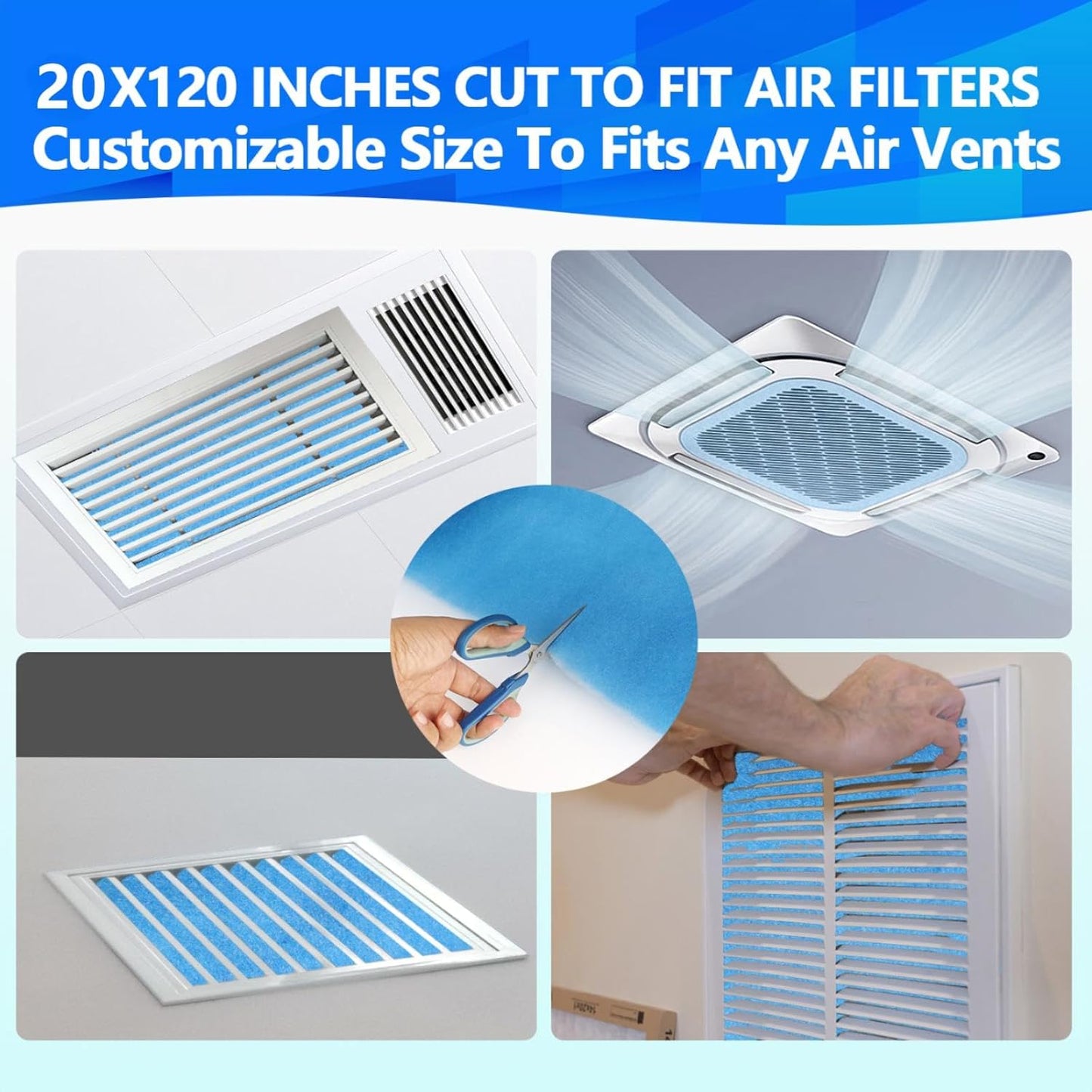 18" x120" Air Vent Filters, Cut to Fit Air Filter (70+ Filters), MERV 8 Triple Vent Filter for Home Floor, Ceiling, RV, HVAC Furnace Vents, With Adhesive Hook Tape and Installation Tape