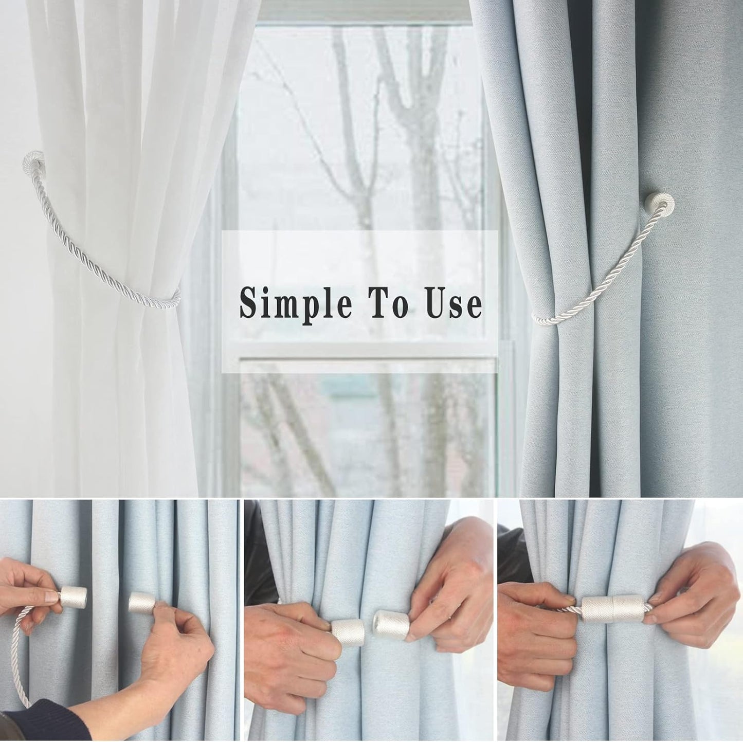 Magnetic Curtain Tiebacks 4 Pack White Curtain Rope Tieback Curtain Holders for Drapes Modern Tie Backs Decorative Curtain Holdbacks