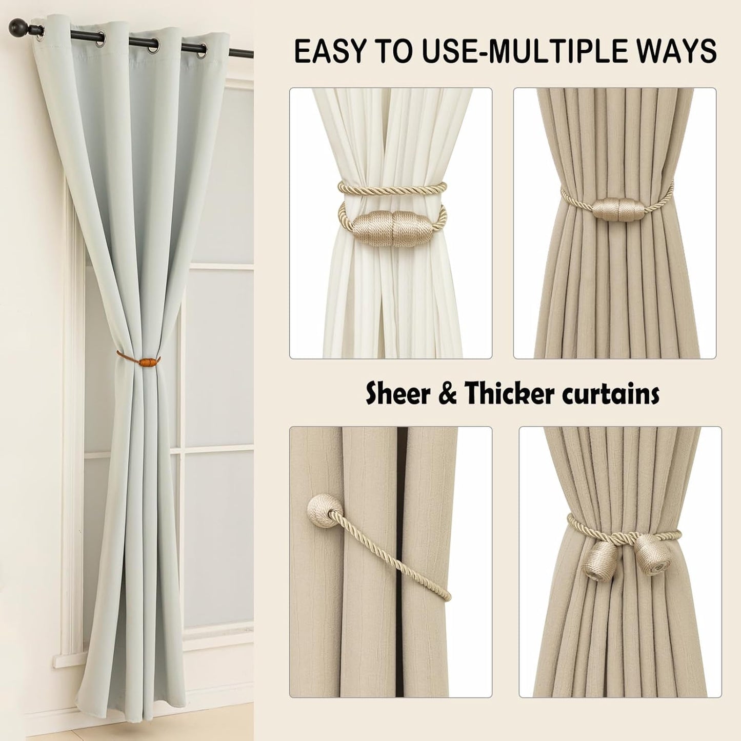 Magnetic Curtain Tiebacks Rope Curtain Tie Backs for Curtains 4 Pack Curtain Holders for Drapes Decorative Window Curtain Holdbacks, Beige