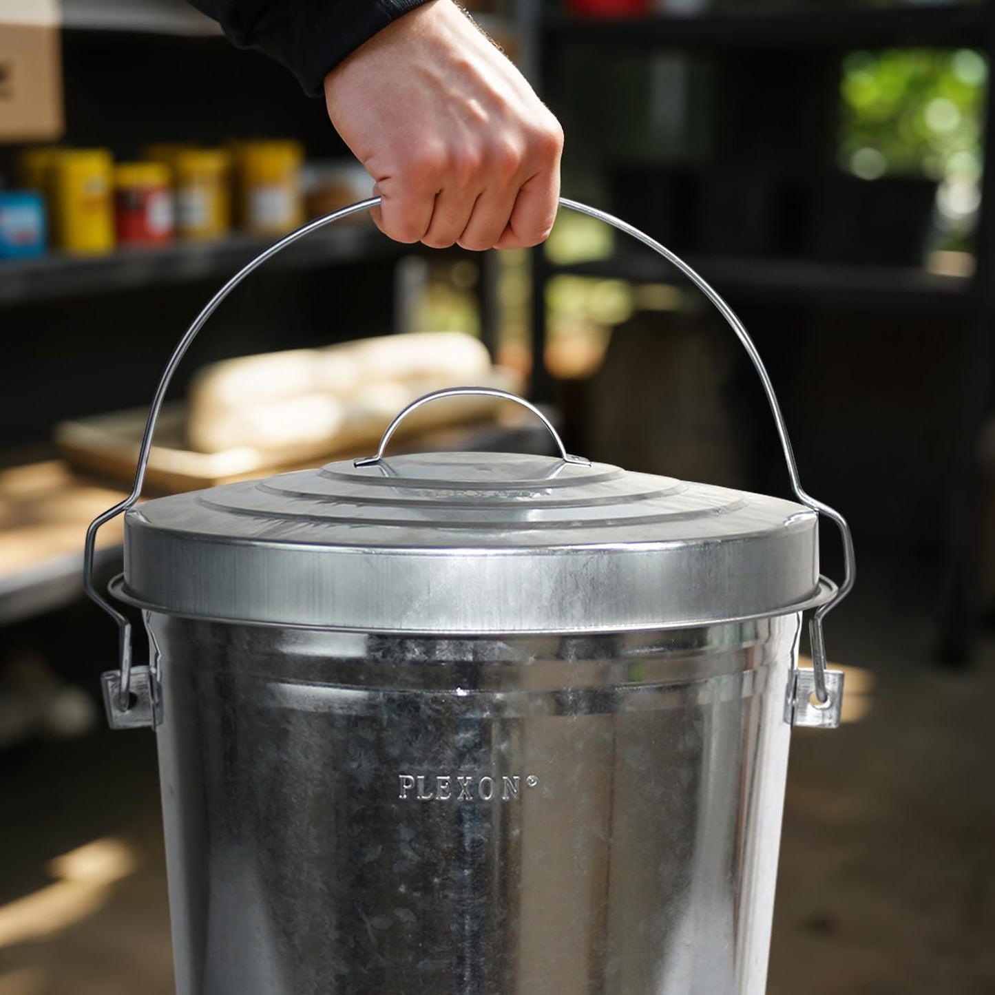 Plexon 6 Gallon Small Metal Trash Can with Locking Lid Galvanized Metal Bucket for Poultry Feed Bird Seed Storage Ash Outside Garbage Can with Lid, 3 Pack