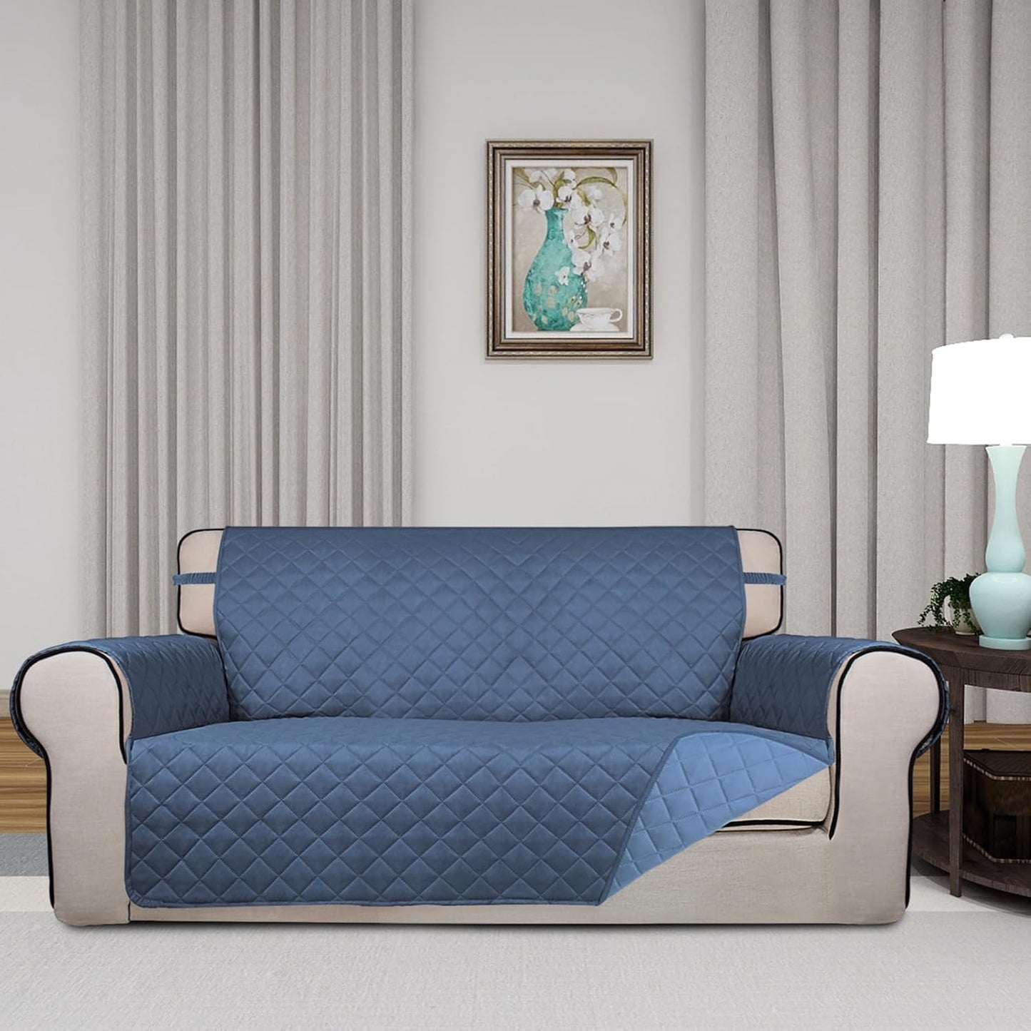 PureFit Reversible Quilted Sofa Cover, Water Resistant Slipcover Furniture Protector, Washable Couch Cover with Non Slip and Elastic Straps for Kids, Dogs (Oversized Loveseat, Dark Blue/Light Blue)