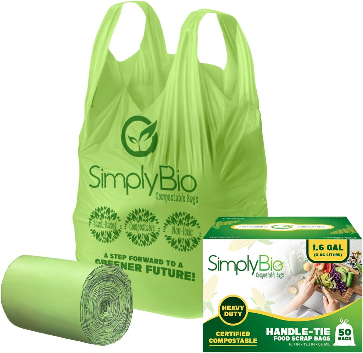 Simply Bio 1.6 Gallon Compostable Trash Bags Liners Handle, Heavy Duty Extra Thick 0.6 Mil, 6.06 Liter, 50 Bags, Small Kitchen Food Scrap Waste Bag, ASTM D6400, US BPI and OK Compost Home Certified