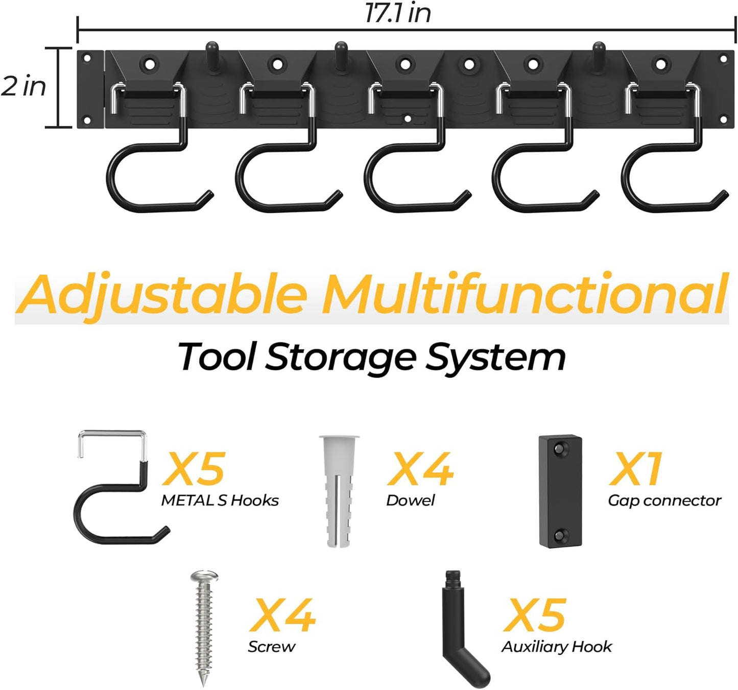 34 Inch Garden Tool Organizer Wall Mount with Non Slip Rubber Coated Metal Hooks, Storage Rack for Indoor/Outdoor Shovel, Rake, Mop and Broom Holder Wall Mount （ 10 Hooks+10 Holders