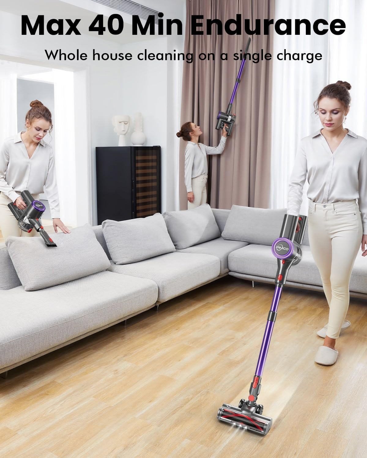 Cordless Vacuum Cleaner, 25kPA Vacuum Cleaners for Home, Stick Vac with Anti-Tangle Brush, 40 Mins Runtime, Lightweight, Versatile for Carpet, Hard Floor, Pet Hair (Purple)