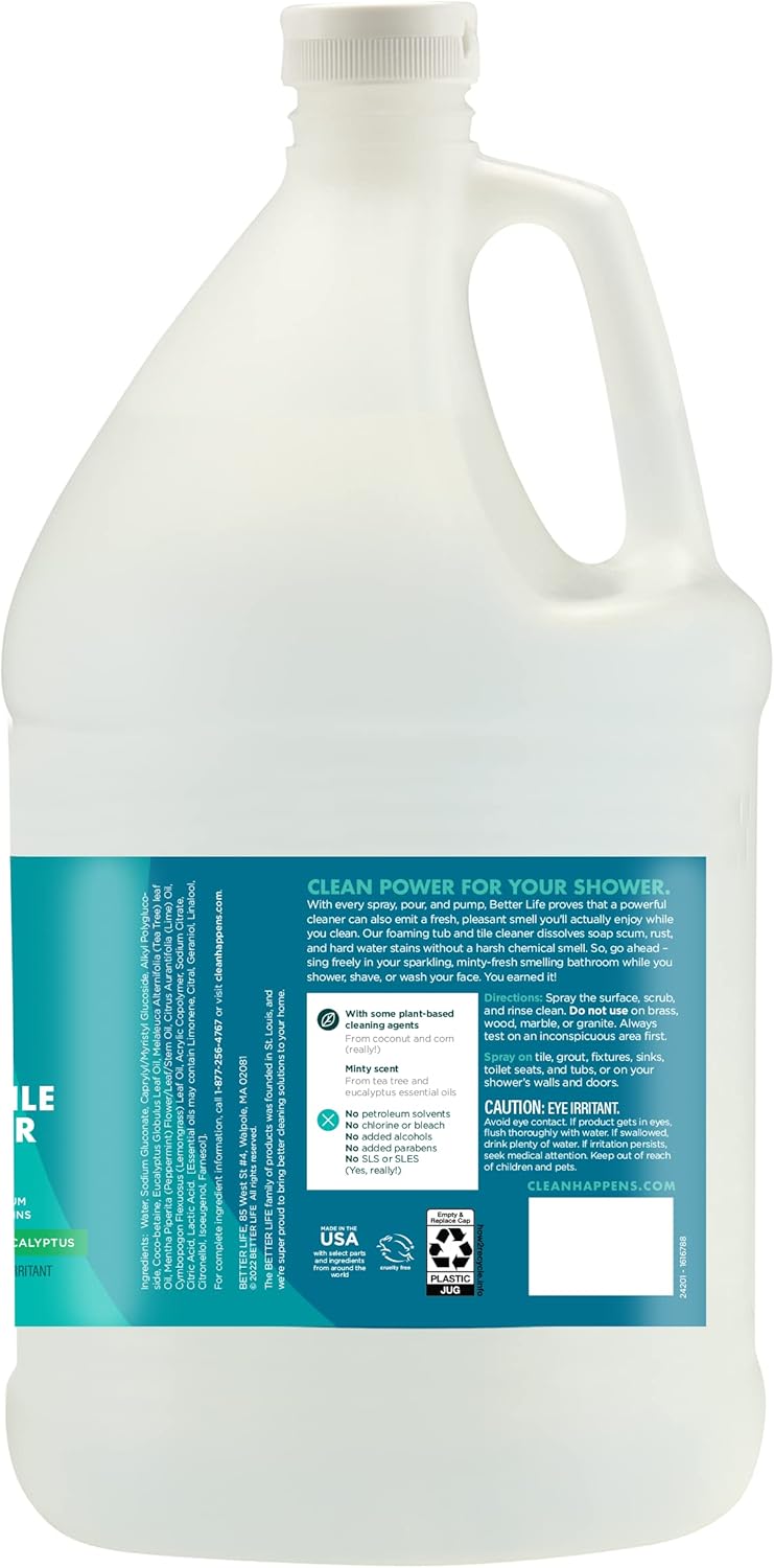 BETTER LIFE Bathroom Cleaner - Tea Tree Bathtub & Shower Cleaner Spray for Glass and Tile - Foaming Mold and Mildew Remover for Tub Works on Hard Water Stains - 1 Gal Refill