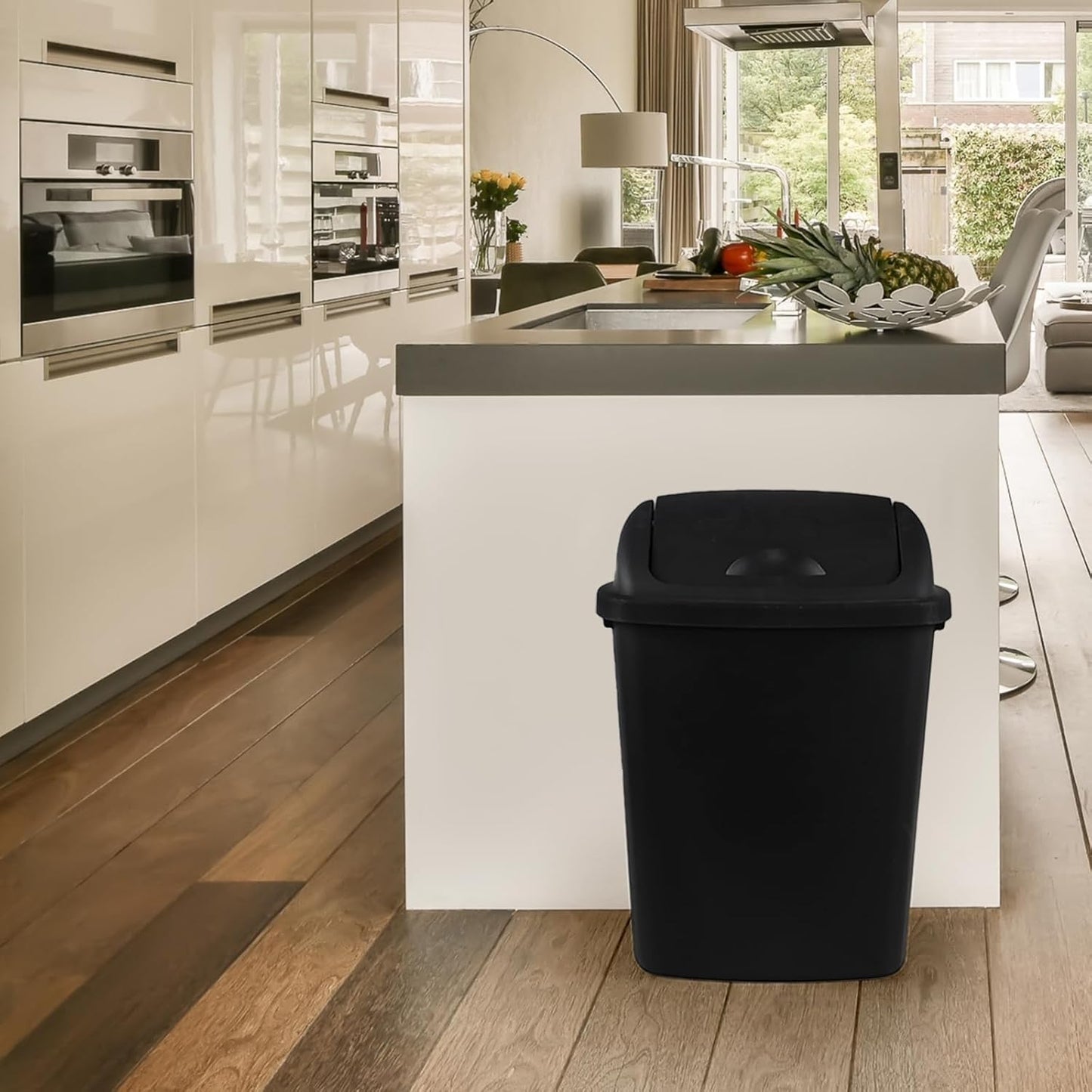 6 Gallon Plastic Garbage Cans with Swing Lid, 4-Pack Swing Lid Trash Bins, Black