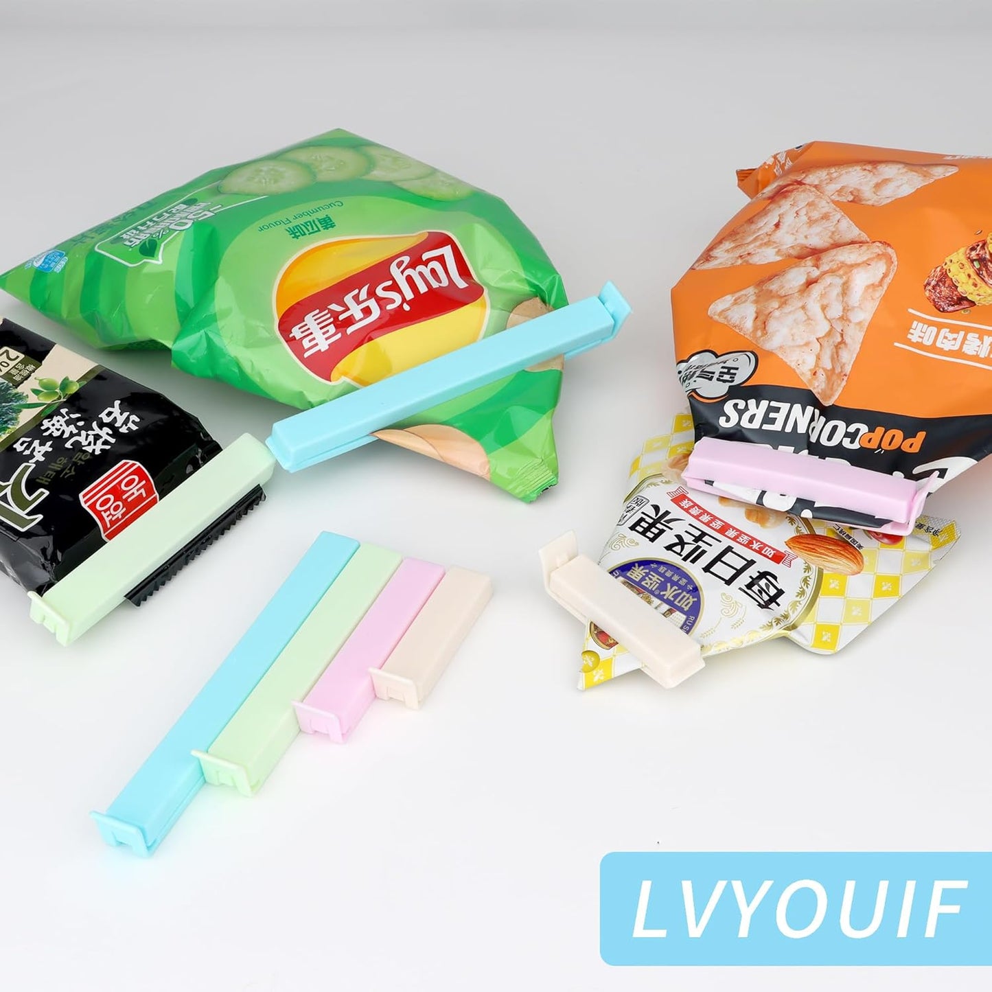 34 Packs Plastic Chip Clips for Food Storage - Resealable Sealing Clips in 4 Sizes (2.4"/3.2"/4.3"/5.5") - Light Colors