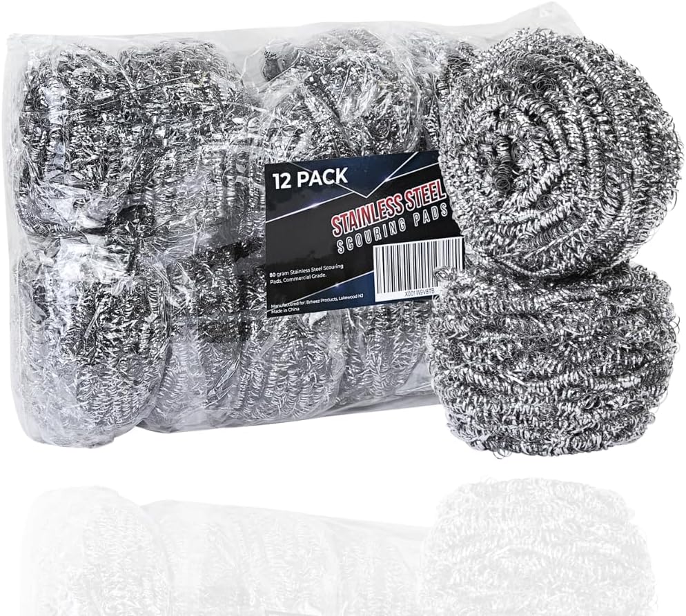 Brheez Stainless Steel Cleaner Scouring Pads [12 Pack] - Industrial & Commercial Strength Large Cleaning Supplies Dish Sponge - Individually Wrapped 100 Gram