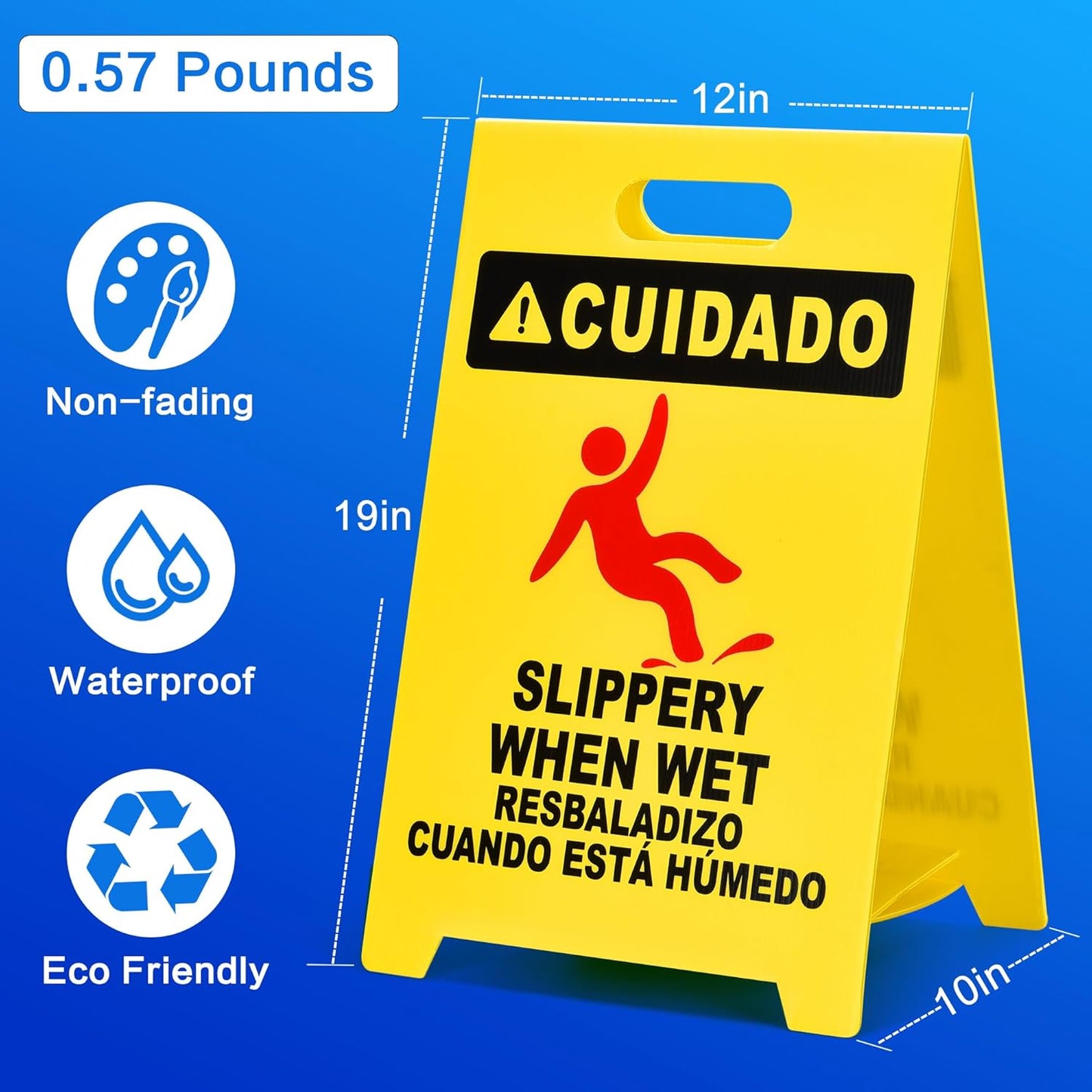 MATTHEW CLEANING 19'' 2 Pack,Industrial Wet Floor Sign 2-Sided Durable Corrugated Plastic Birght Yellow Multilingual Saety Warning Signs Commercial Caution Wet Fold-out Floor Signs For Indoors Only