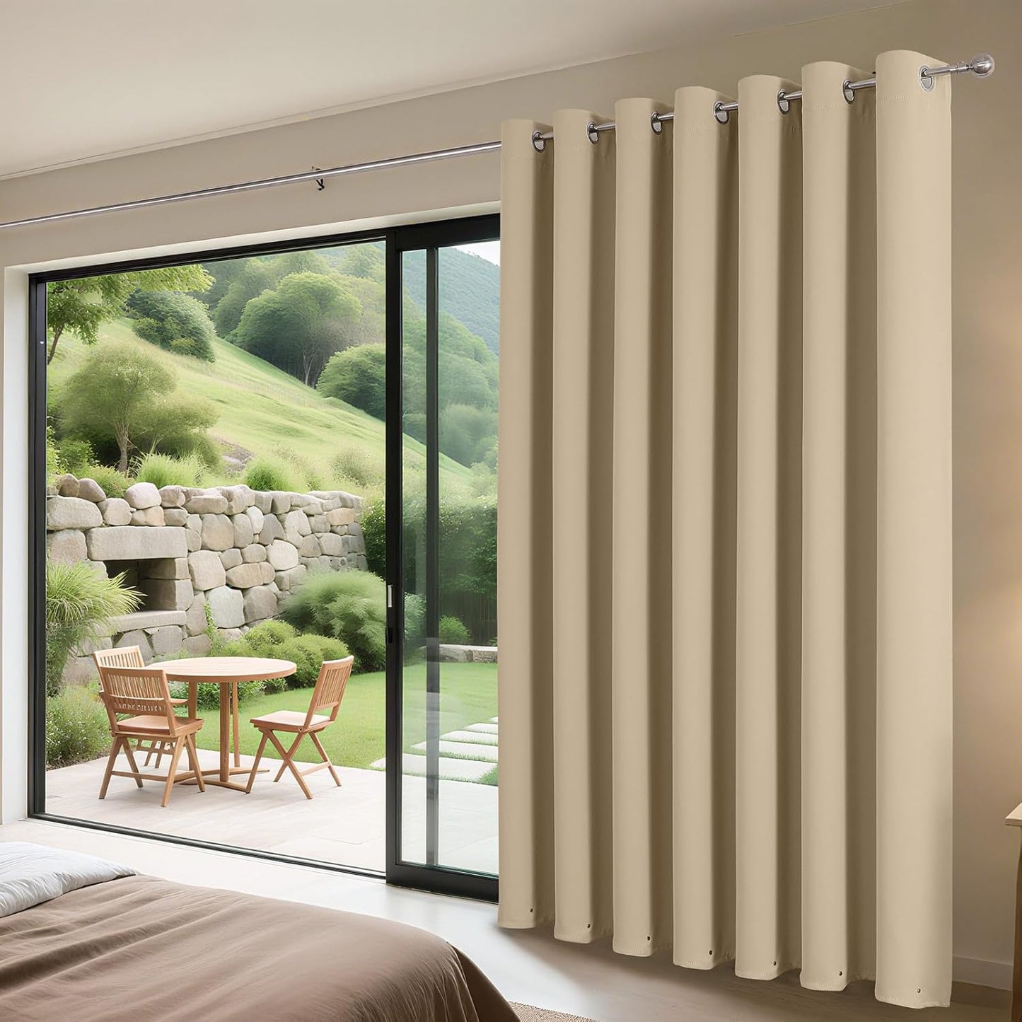 Joydeco Blackout Patio Sliding Door Curtains 84 Inches Long, Grommet Privacy Room Divider Curtains, Extra Wide Thermal Blackout Drapes for Bedroom Living Room (Light Beige, 70Wx84L, 1 Panel)