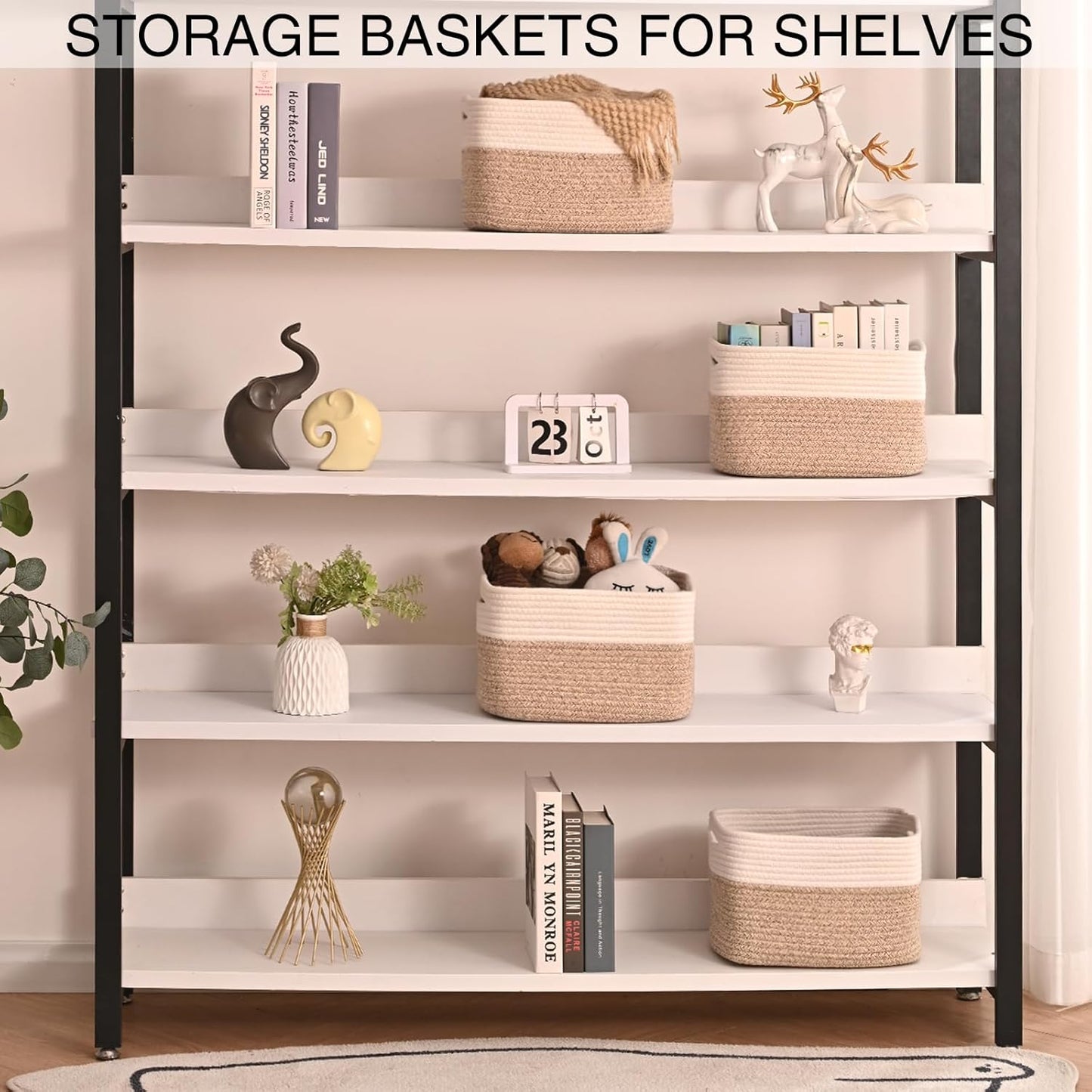 Small Storage Baskets for Organizing, Woven Storage Baskets for Shelves, Cotton Rope Basket for Storage, Cute Rectangular Book Toy Basket, 12.7"×9.1"×7.9", 4 Packs, Off White & Brown