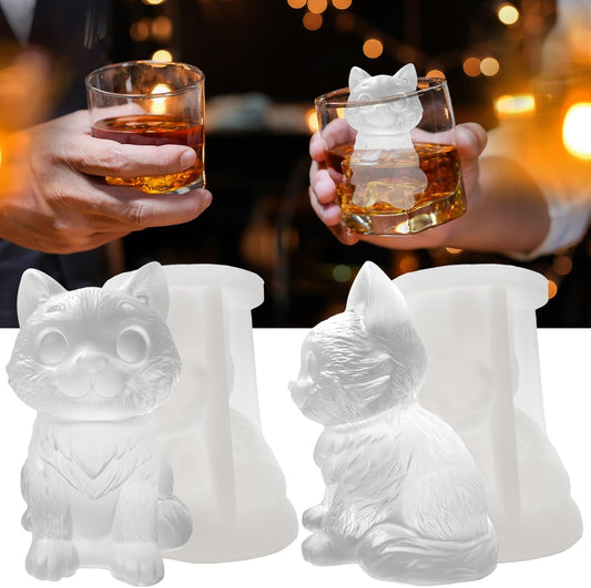 3D Cat Ice Cube Silicone Molds Tray for Whiskey, Cocktail, Drink Decor, Bar; Rich Details. Cute Kitty Gifts for Women Kids Girls Boys, Fun Animal Shape Soap Epoxy Resign Mold; 2 Pack