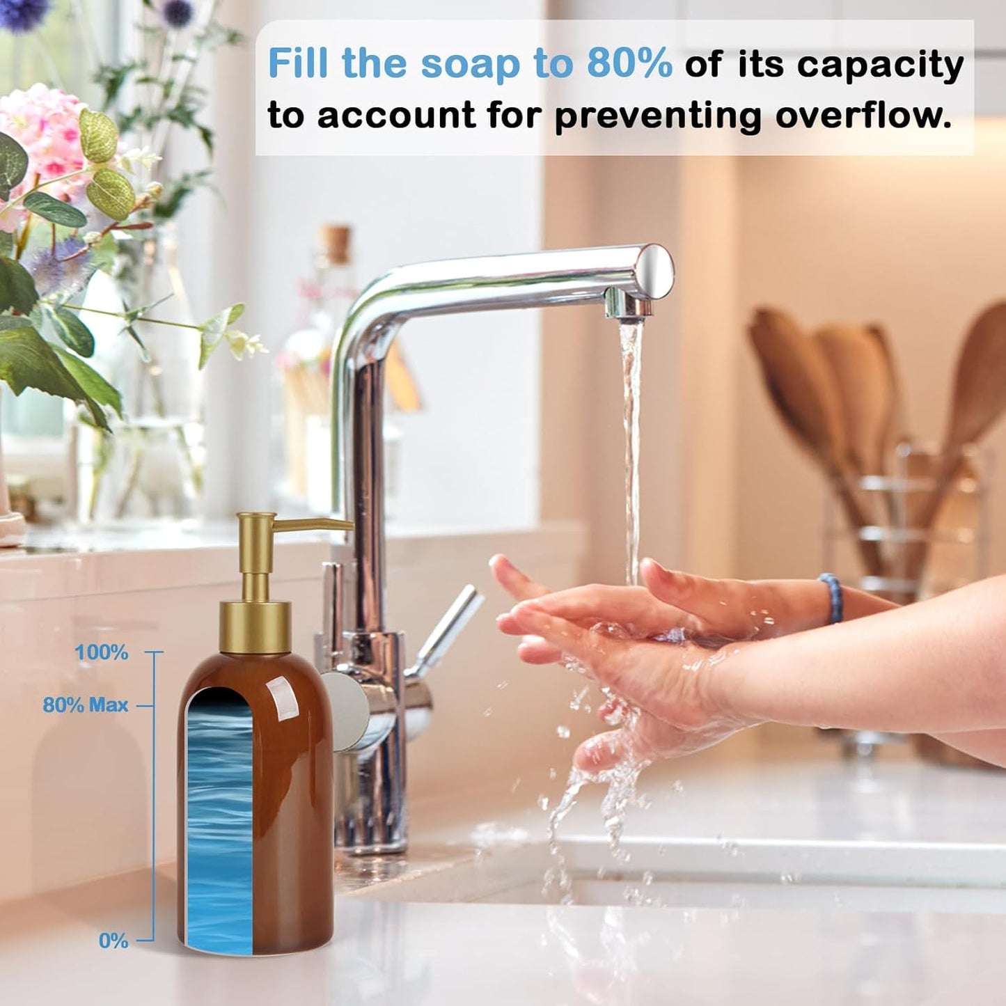 Natheeph 14OZ Ceramic Soap Dispenser Ceramic Soap Pump Dispenser Can Fill Liquid for Bathroom/Kitchen (2PC Brown)