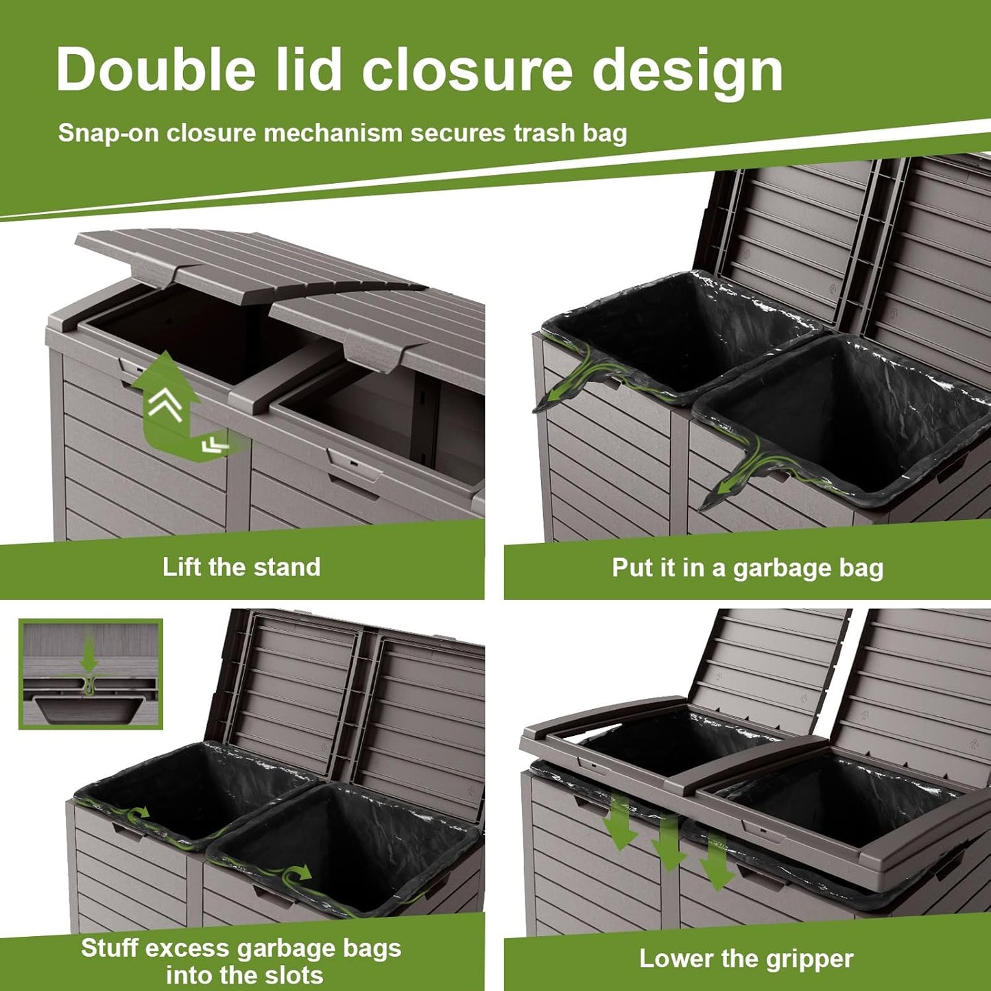 62 Gallon Outdoor Trash Can with Tiered Lid and Drip Tray,Waterproof Resin Waste Bin Indoor,Durable,Stylish,Lightweight Garbage Bin for Patio,Kitchen,Backyard and Office(Grey)